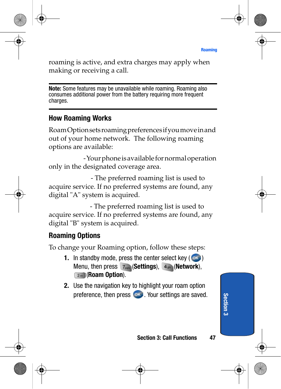 How roaming works, Roaming options | Samsung SCH-A570ZSVXAR User Manual | Page 47 / 194