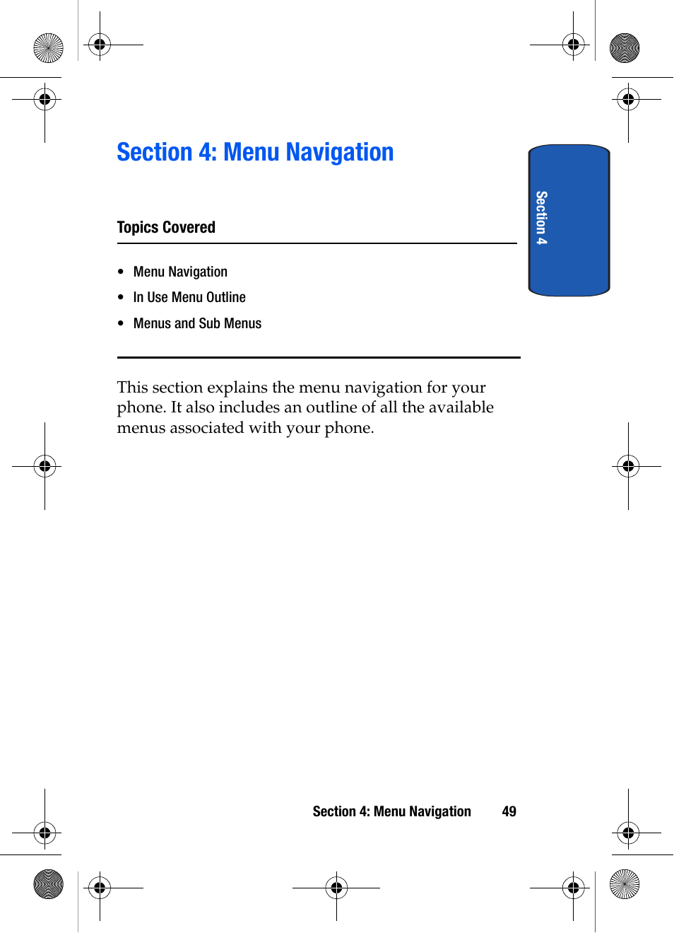 Section 4: menu navigation, Topics covered | Samsung SCH-A570ZSVXAR User Manual | Page 49 / 194