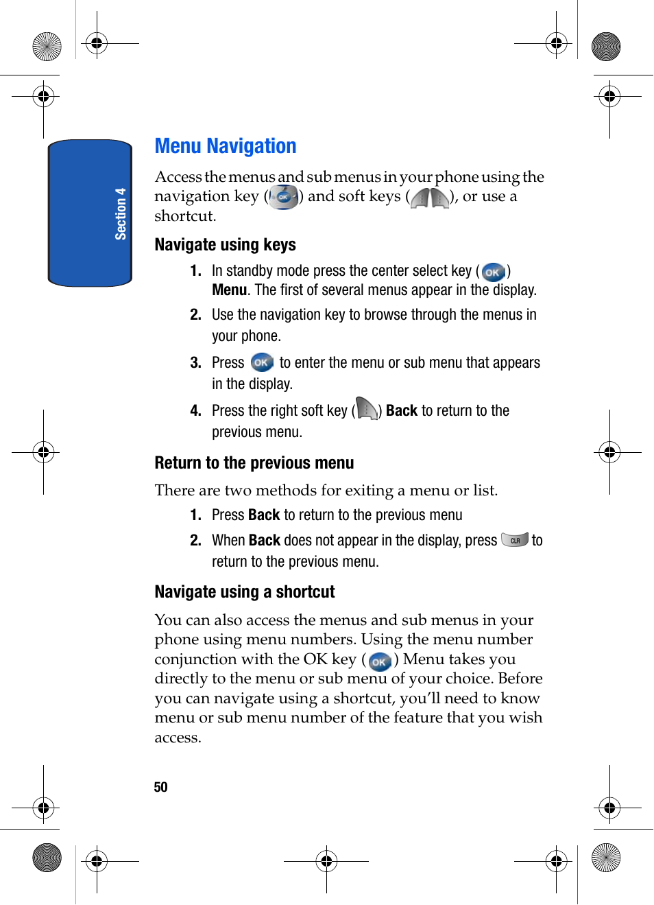 Menu navigation, Navigate using keys, Return to the previous menu | Navigate using a shortcut | Samsung SCH-A570ZSVXAR User Manual | Page 50 / 194