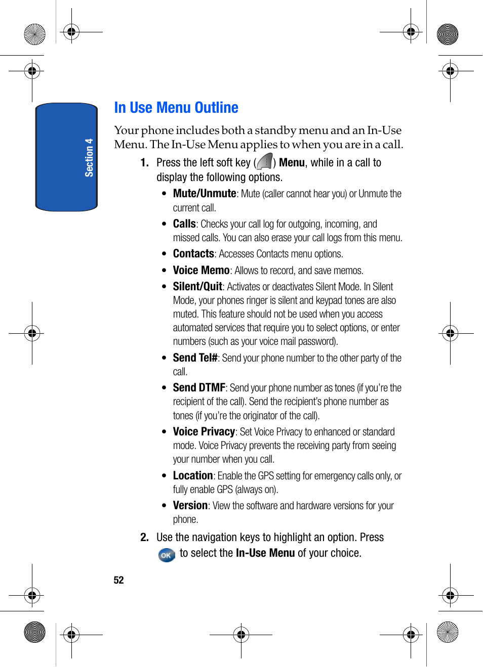 In use menu outline | Samsung SCH-A570ZSVXAR User Manual | Page 52 / 194