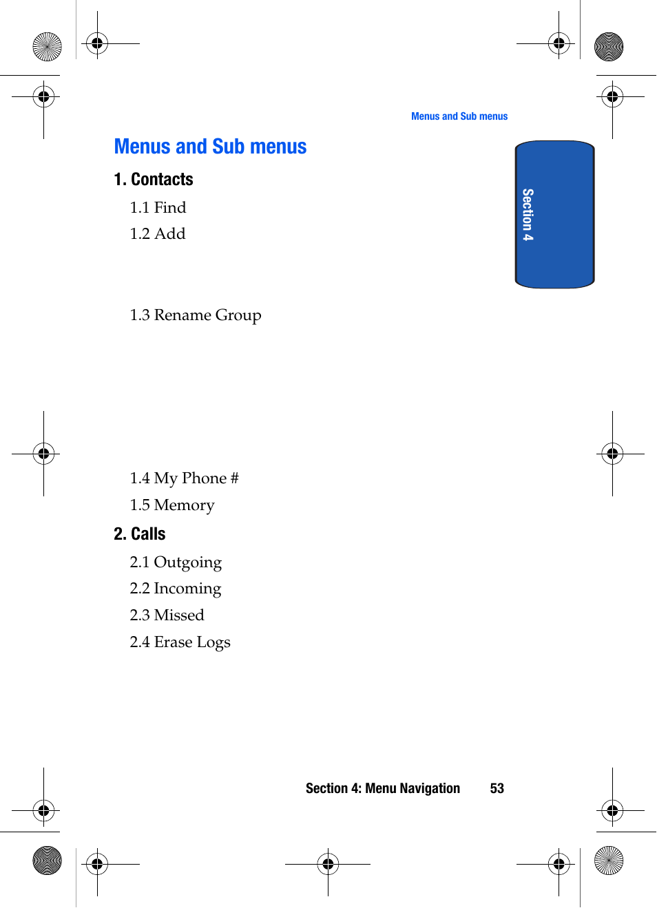 Menus and sub menus, Contacts, Calls | Samsung SCH-A570ZSVXAR User Manual | Page 53 / 194
