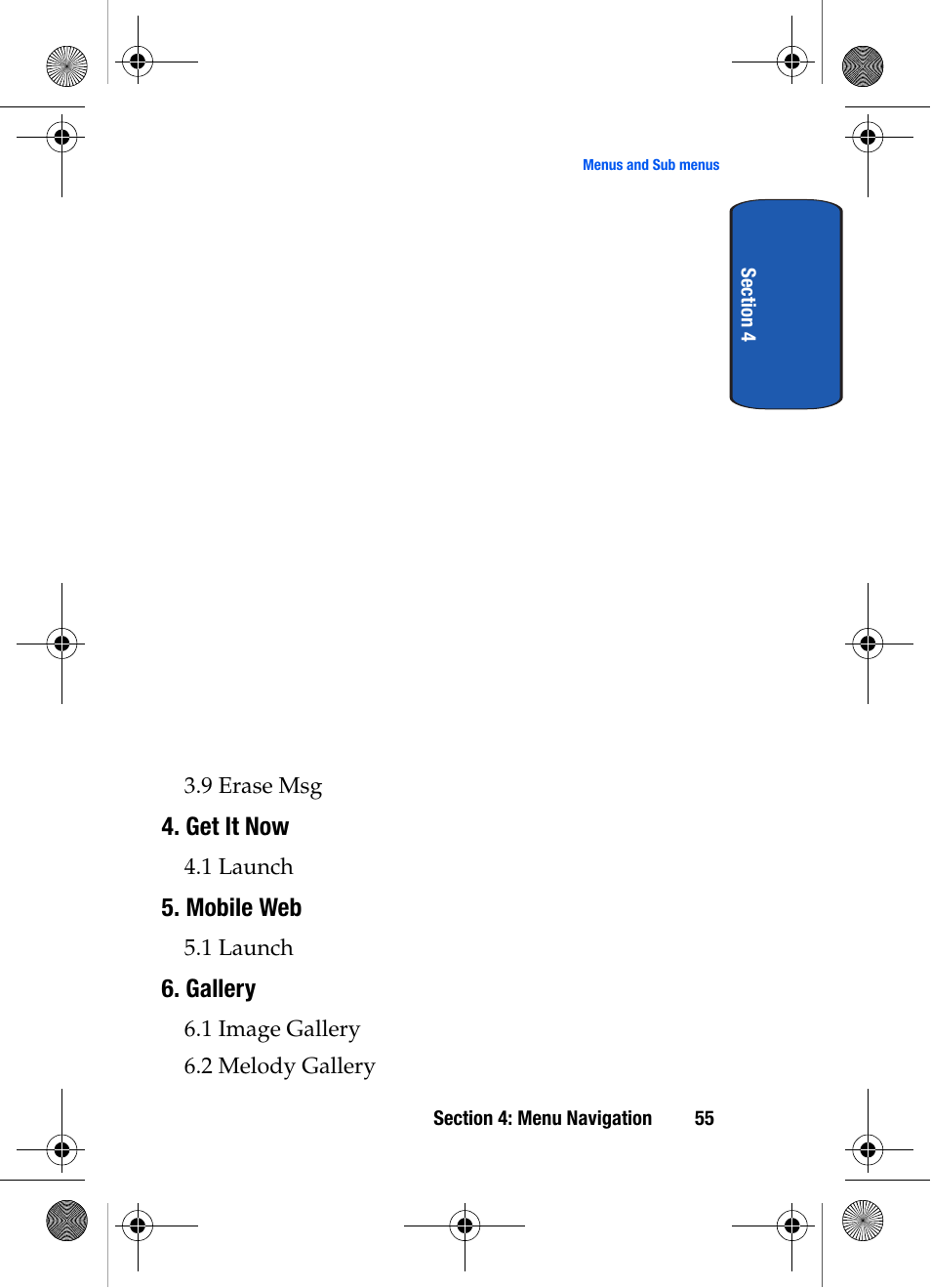 Get it now, Mobile web, Gallery | 9 erase msg, 1 launch, 1 image gallery 6.2 melody gallery | Samsung SCH-A570ZSVXAR User Manual | Page 55 / 194