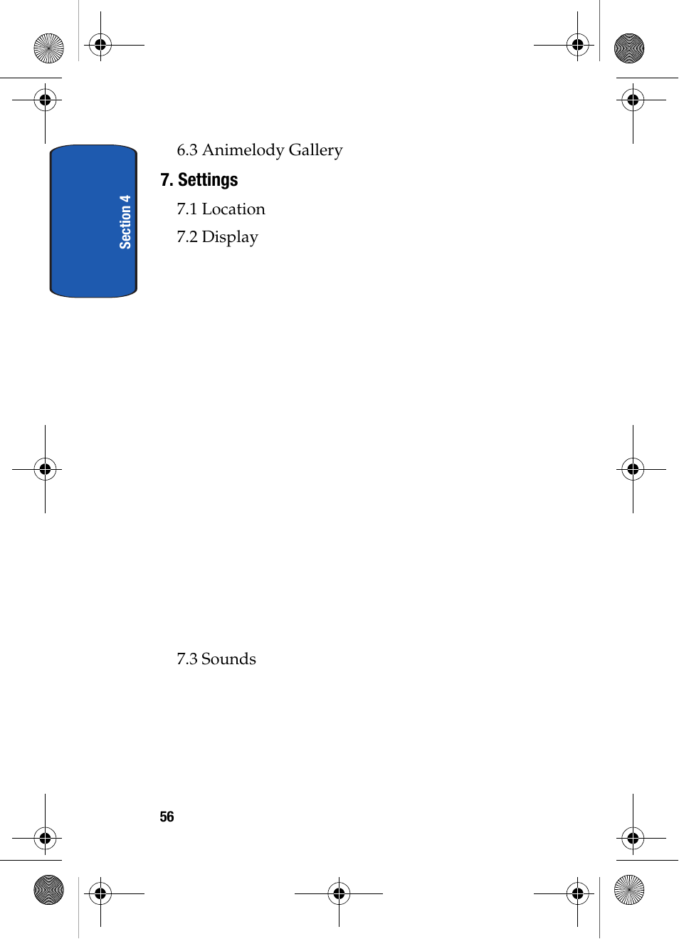 Settings, 3 animelody gallery, 1 location 7.2 display | 3 sounds | Samsung SCH-A570ZSVXAR User Manual | Page 56 / 194