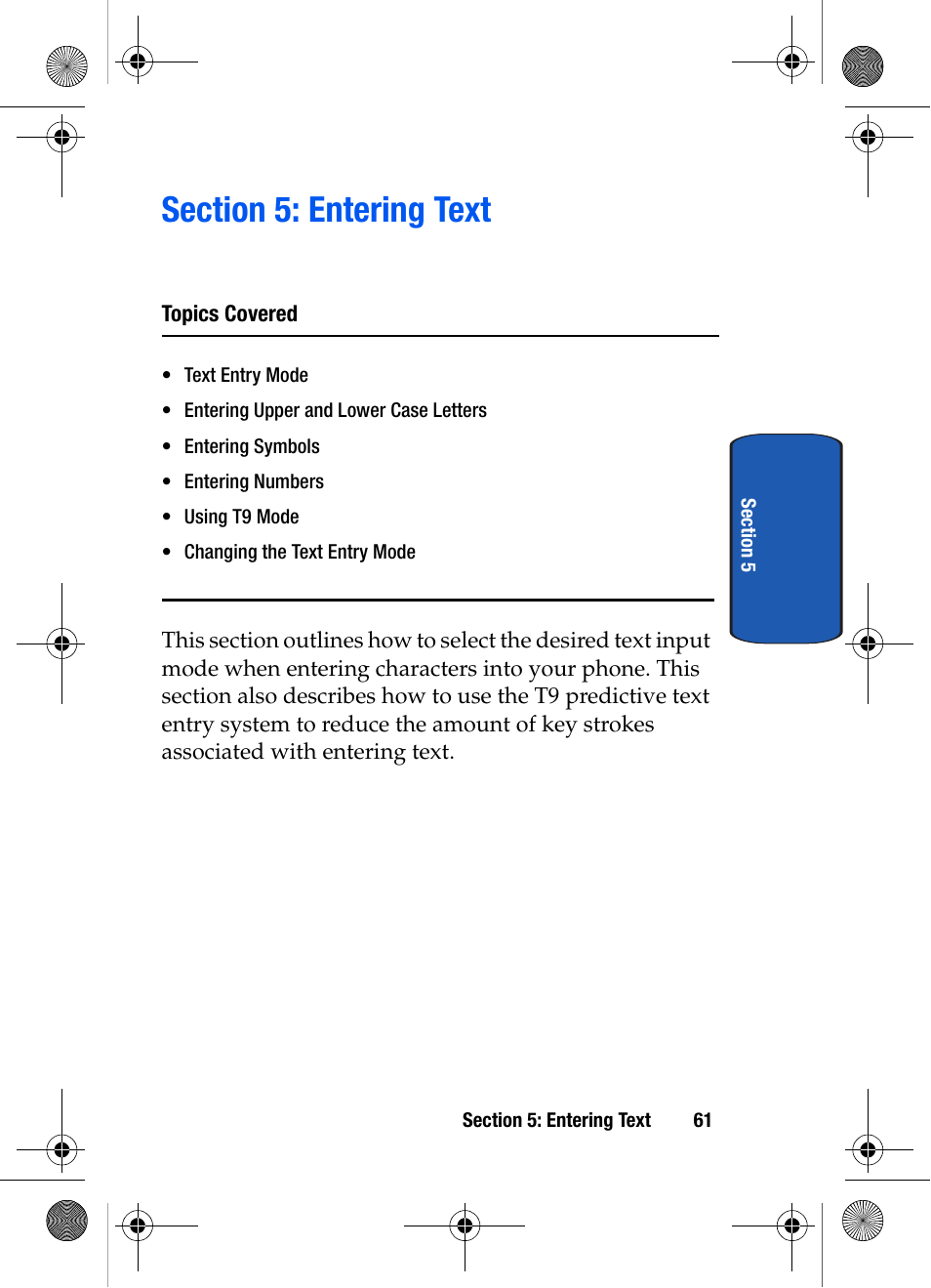 Section 5: entering text, Topics covered | Samsung SCH-A570ZSVXAR User Manual | Page 61 / 194