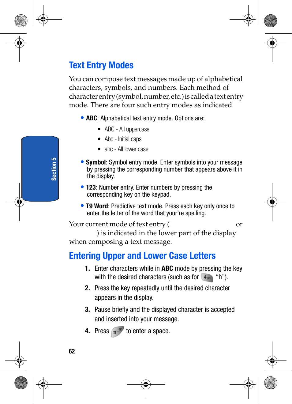 Text entry modes, Entering upper and lower case letters | Samsung SCH-A570ZSVXAR User Manual | Page 62 / 194