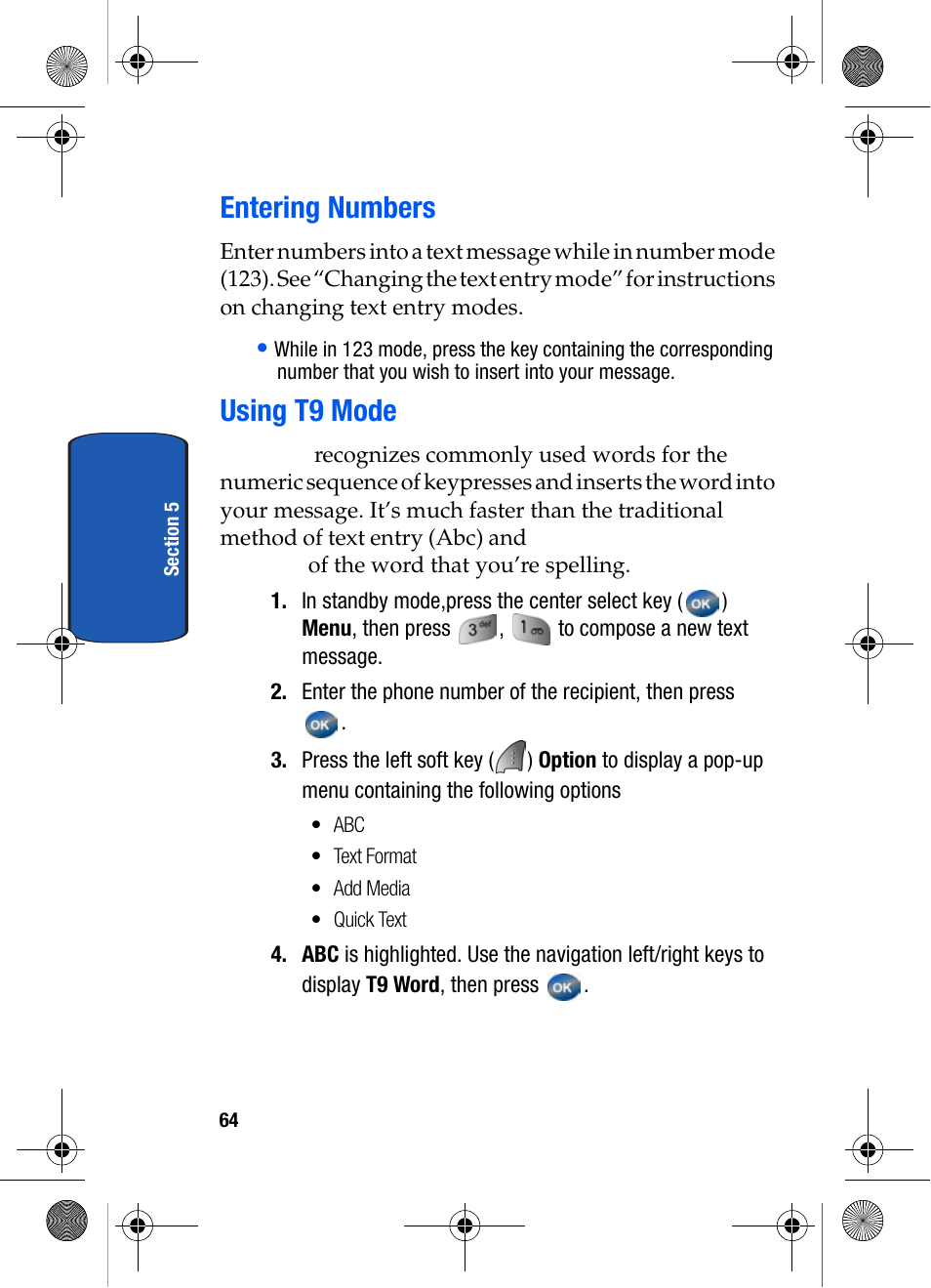 Entering numbers, Using t9 mode | Samsung SCH-A570ZSVXAR User Manual | Page 64 / 194