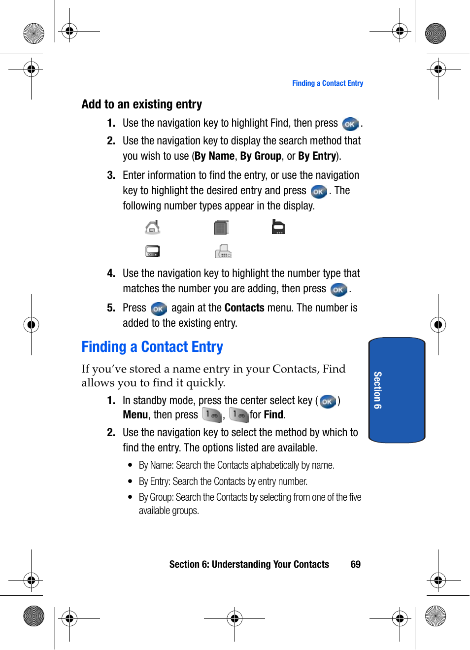 Add to an existing entry, Finding a contact entry | Samsung SCH-A570ZSVXAR User Manual | Page 69 / 194