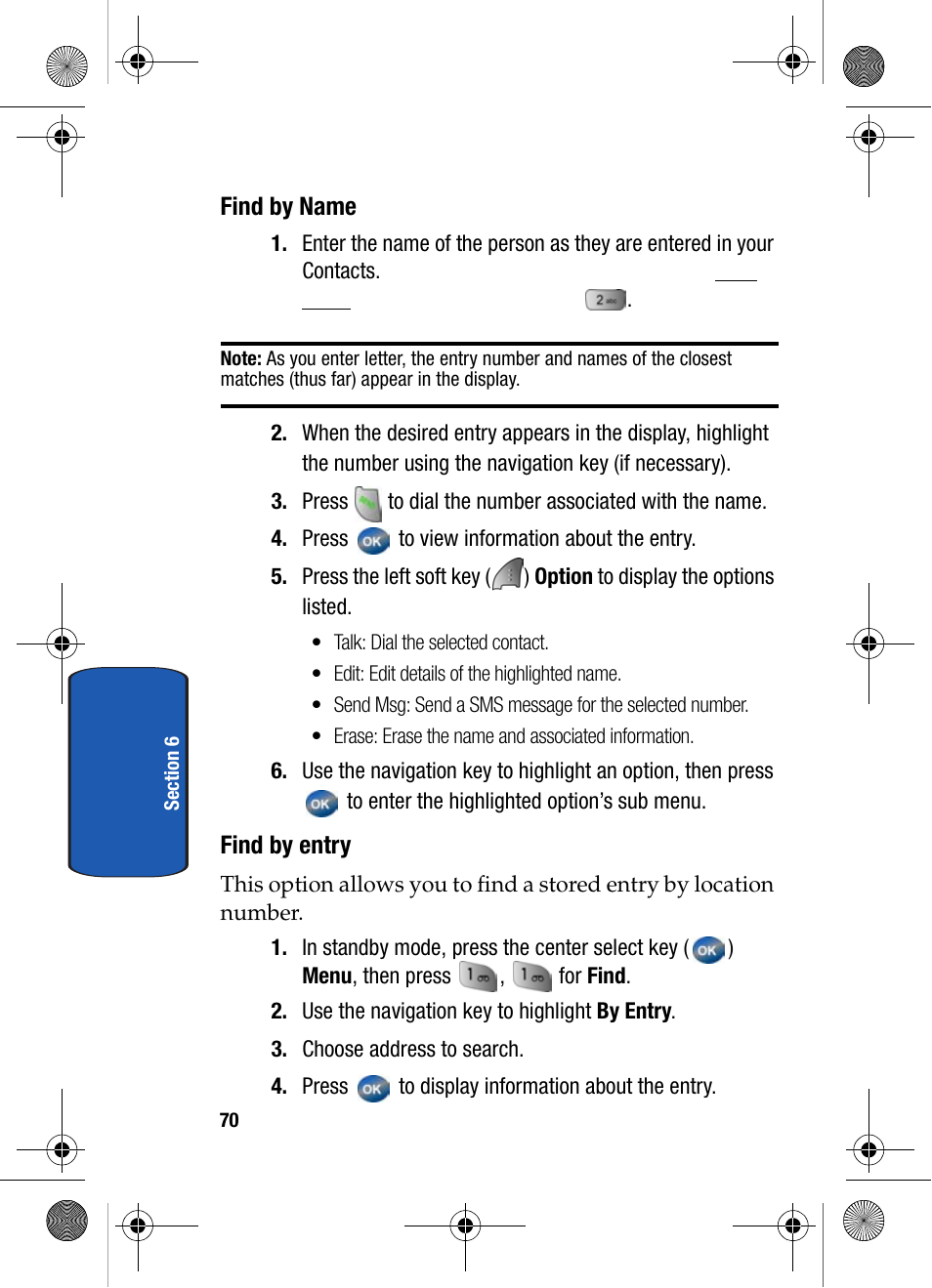 Find by name, Find by entry | Samsung SCH-A570ZSVXAR User Manual | Page 70 / 194