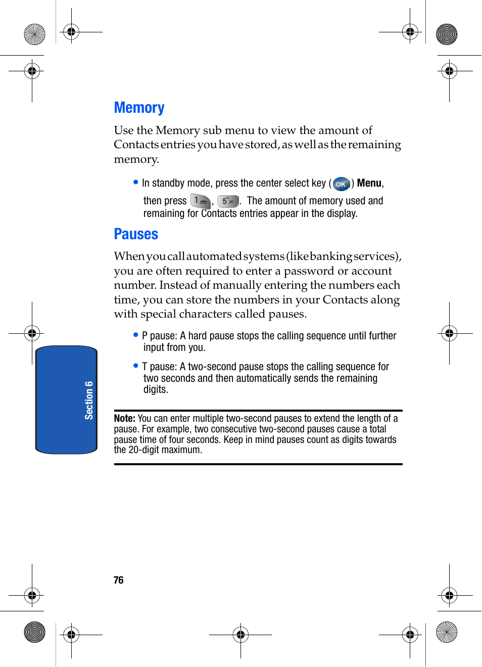 Memory, Pauses, Memory pauses | Samsung SCH-A570ZSVXAR User Manual | Page 76 / 194