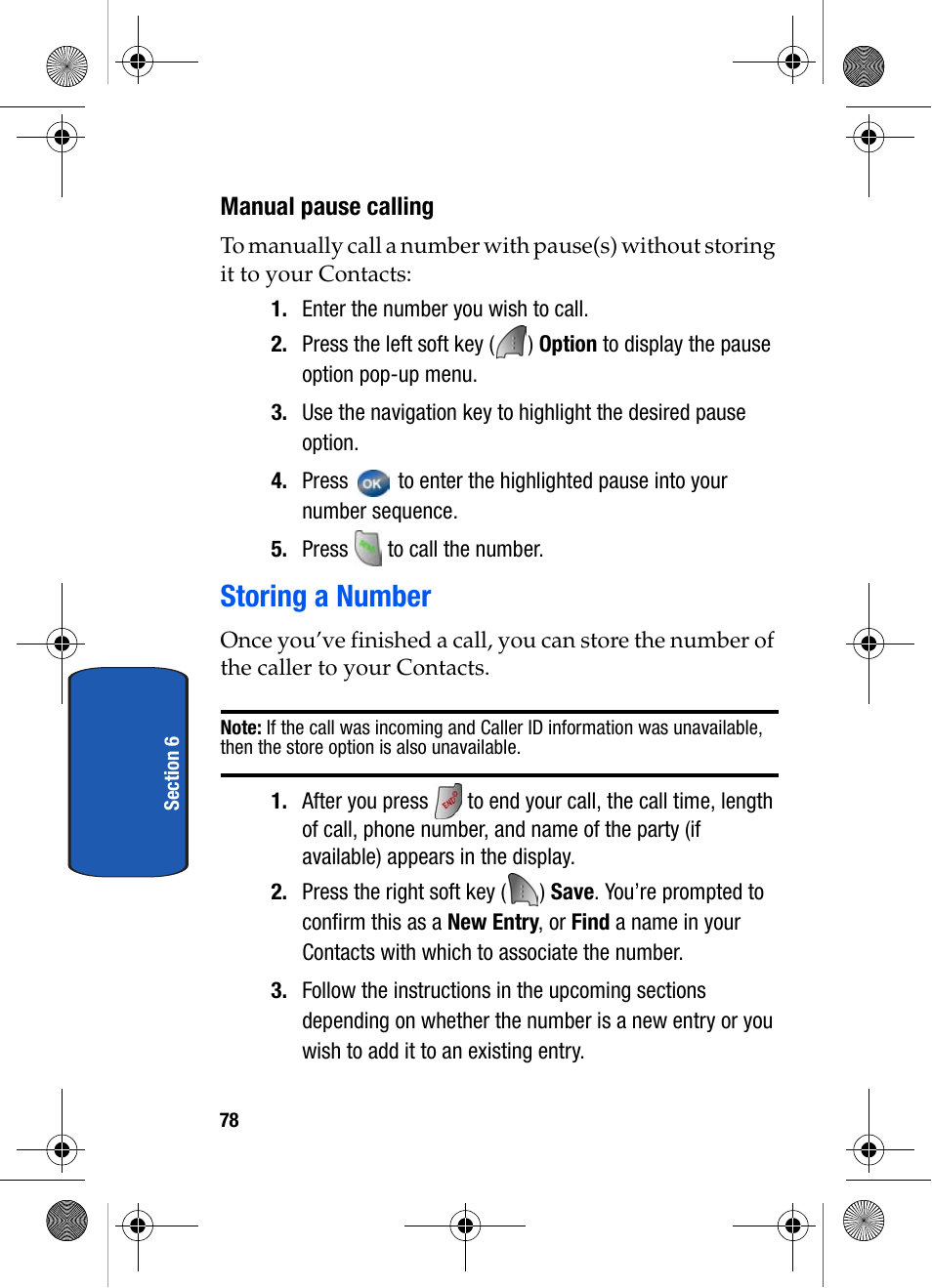 Manual pause calling, Storing a number | Samsung SCH-A570ZSVXAR User Manual | Page 78 / 194