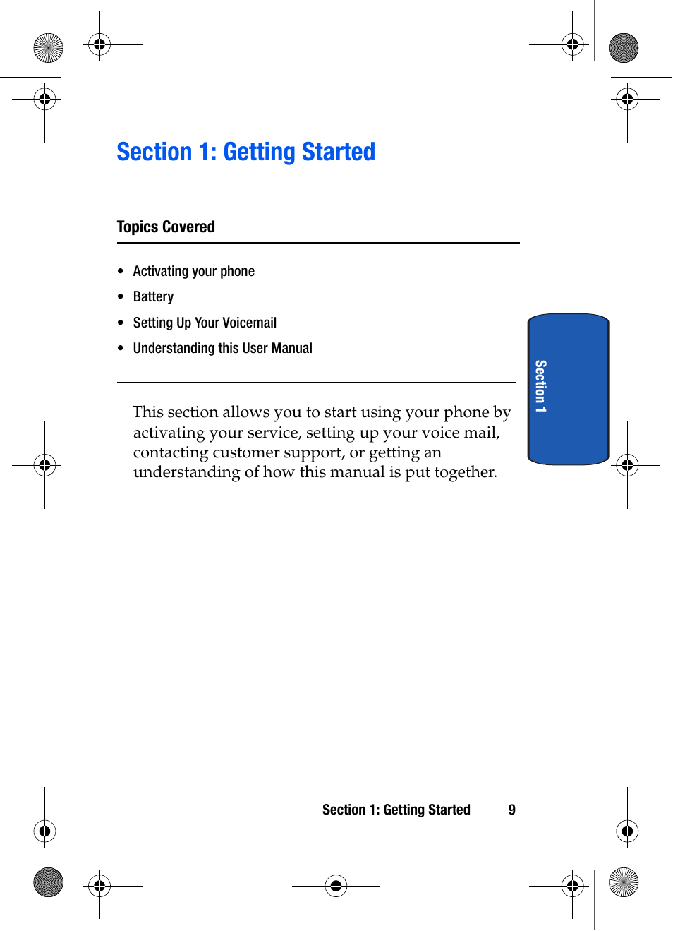 Section 1: getting started, Topics covered | Samsung SCH-A570ZSVXAR User Manual | Page 9 / 194