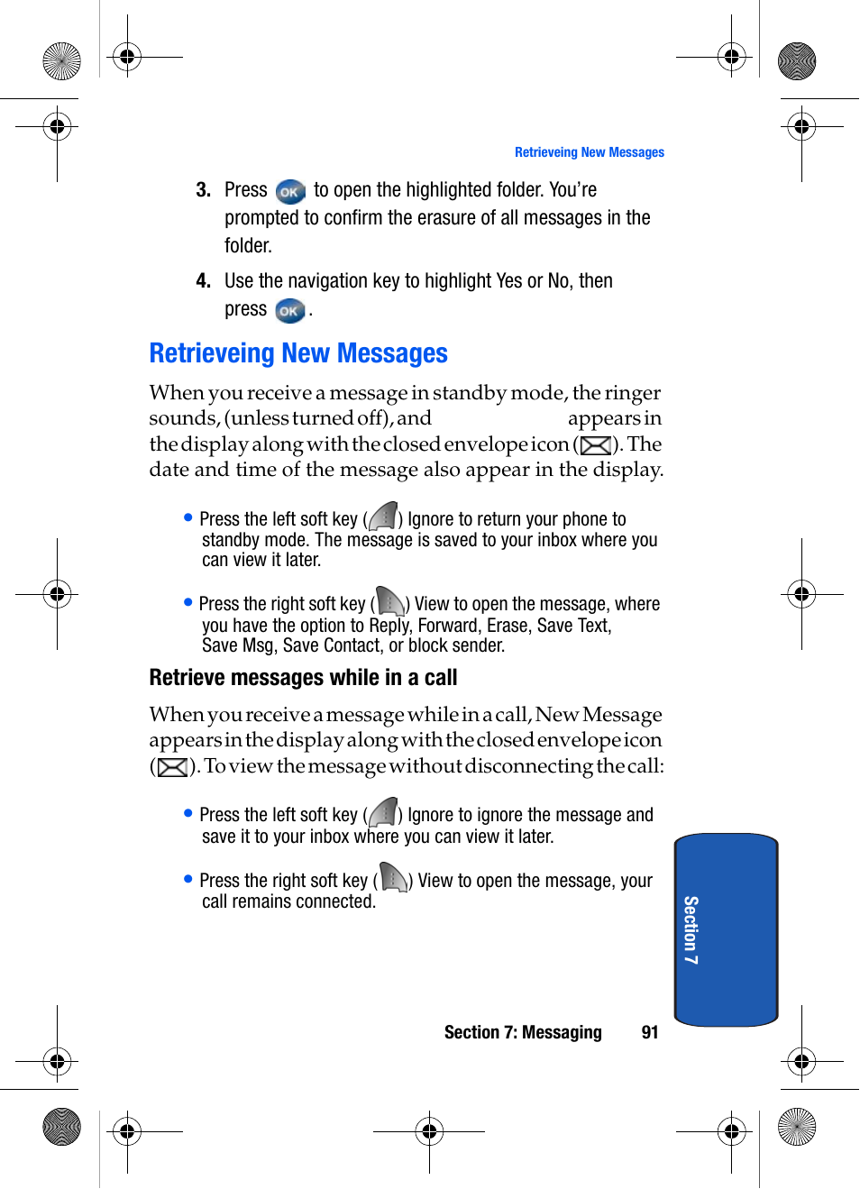 Retrieveing new messages, Retrieve messages while in a call | Samsung SCH-A570ZSVXAR User Manual | Page 91 / 194