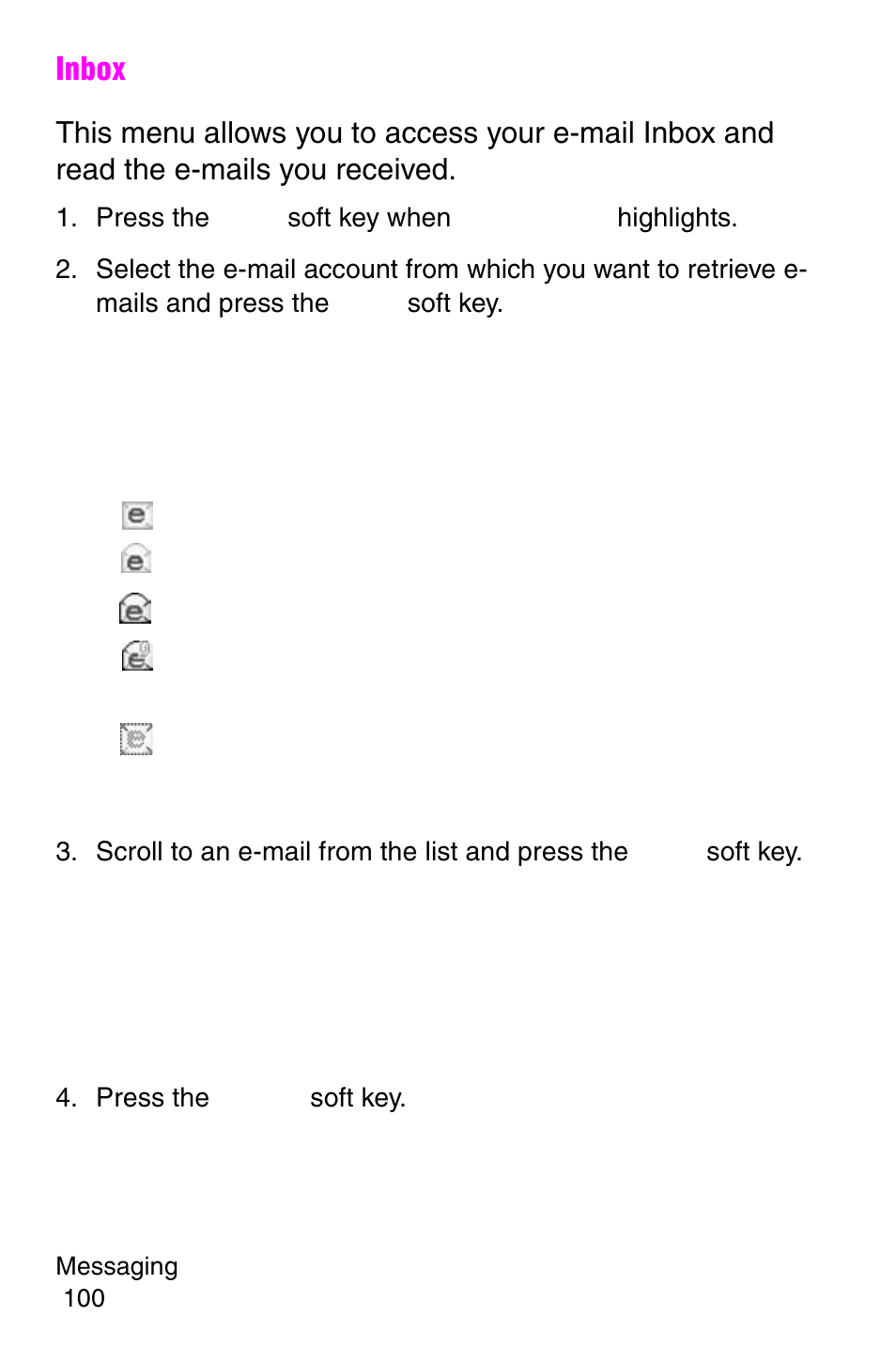 Press the options soft key, Inbox | Samsung SGH-E317CSACIN User Manual | Page 100 / 224