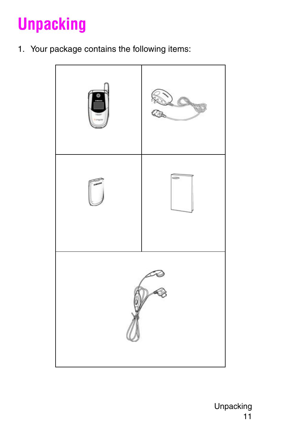 Unpacking, Your package contains the following items | Samsung SGH-E317CSACIN User Manual | Page 11 / 224