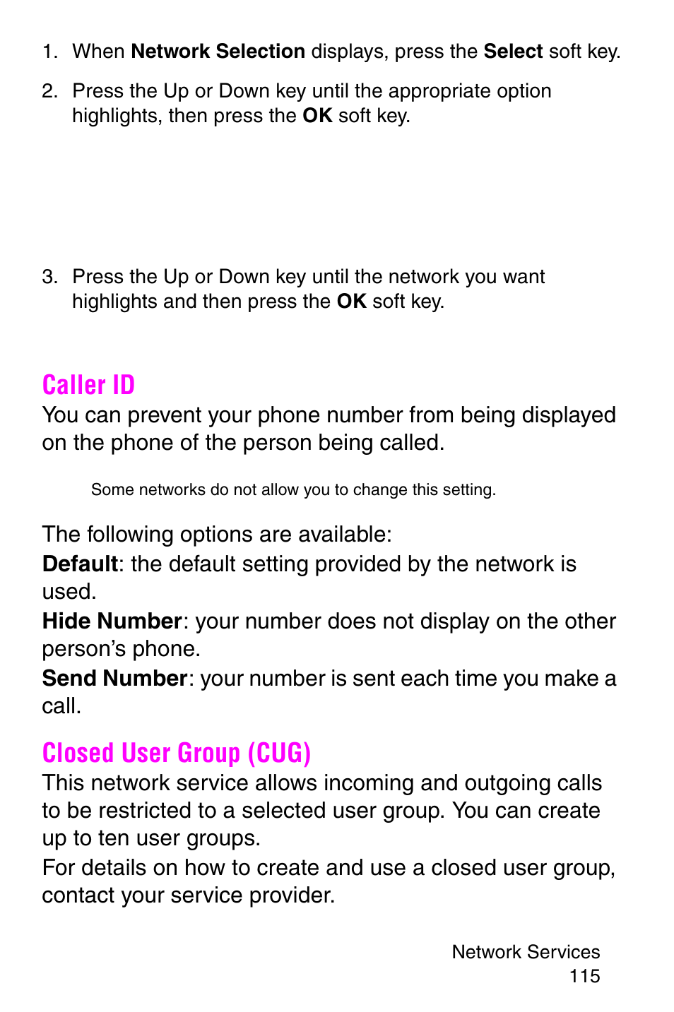 Caller id, Closed user group (cug), Caller id closed user group (cug) | Samsung SGH-E317CSACIN User Manual | Page 115 / 224