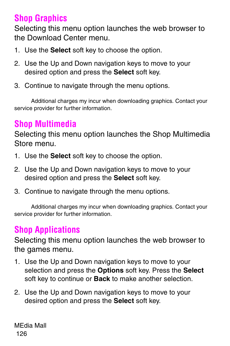 Shop graphics, Use the select soft key to choose the option, Continue to navigate through the menu options | Shop multimedia, Shop applications, Shop graphics shop multimedia shop applications | Samsung SGH-E317CSACIN User Manual | Page 126 / 224