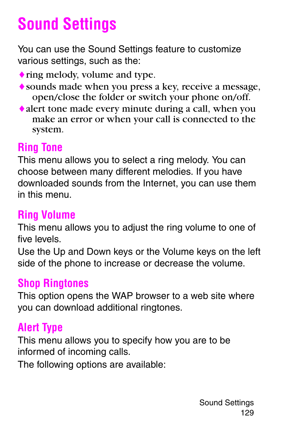 Sound settings, Ring tone, Ring volume | Shop ringtones, Alert type, Ring tone ring volume shop ringtones alert type | Samsung SGH-E317CSACIN User Manual | Page 129 / 224