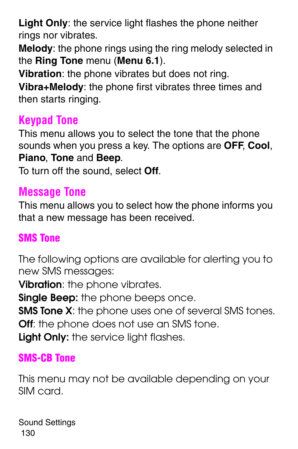 Keypad tone, Message tone, Keypad tone message tone | Samsung SGH-E317CSACIN User Manual | Page 130 / 224