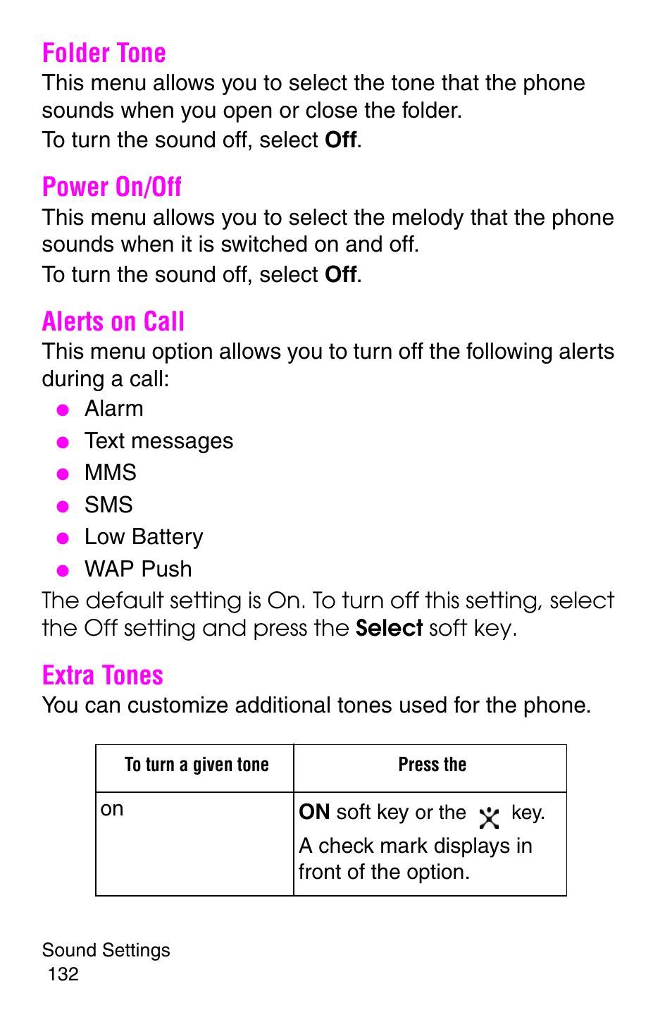 Folder tone, Power on/off, Alerts on call | Extra tones | Samsung SGH-E317CSACIN User Manual | Page 132 / 224
