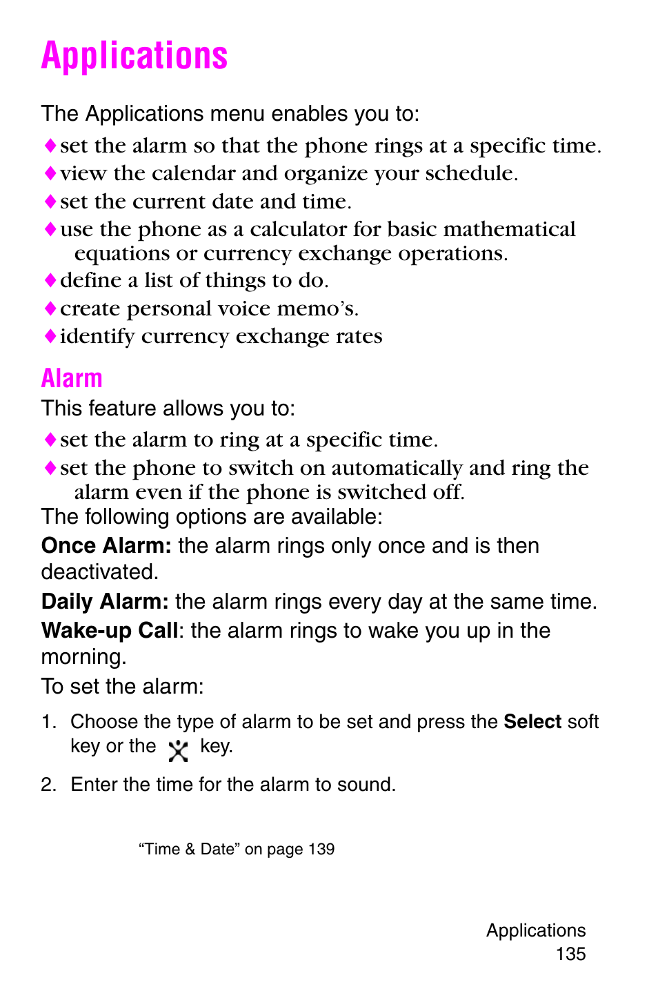 Applications, Alarm, Enter the time for the alarm to sound | Samsung SGH-E317CSACIN User Manual | Page 135 / 224