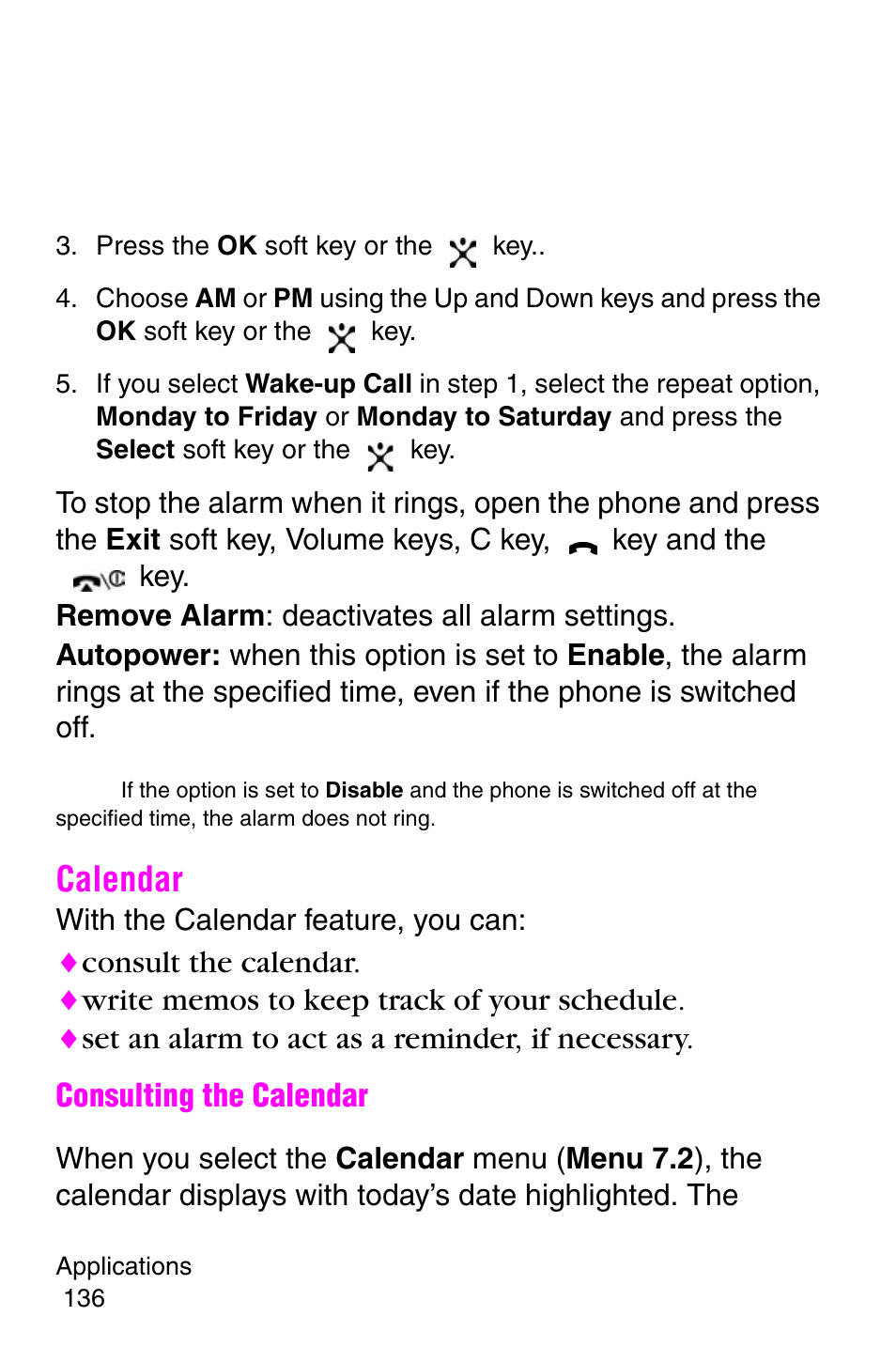 Press the ok soft key or the key, Calendar | Samsung SGH-E317CSACIN User Manual | Page 136 / 224