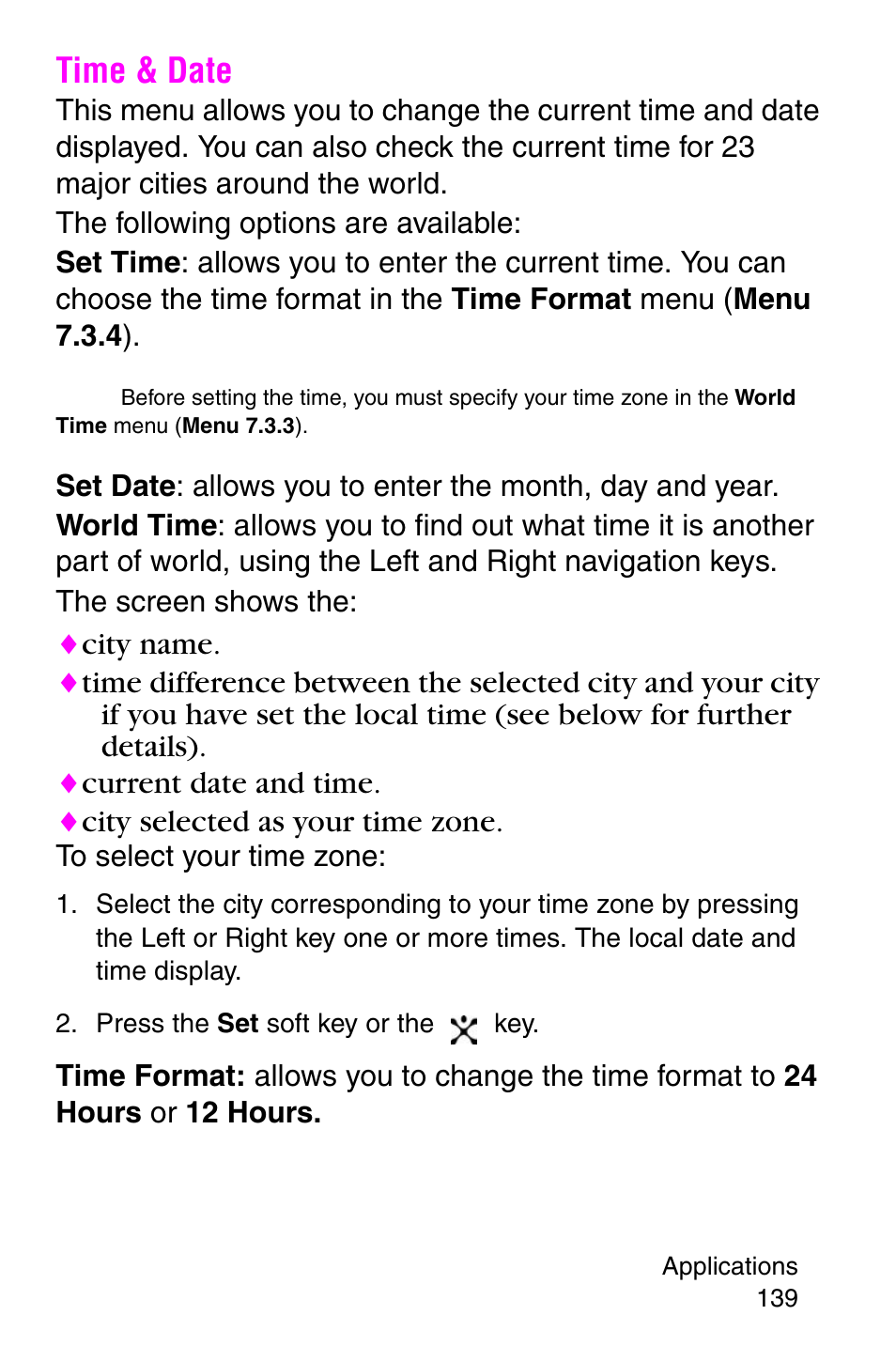 Time & date, Press the set soft key or the key | Samsung SGH-E317CSACIN User Manual | Page 139 / 224