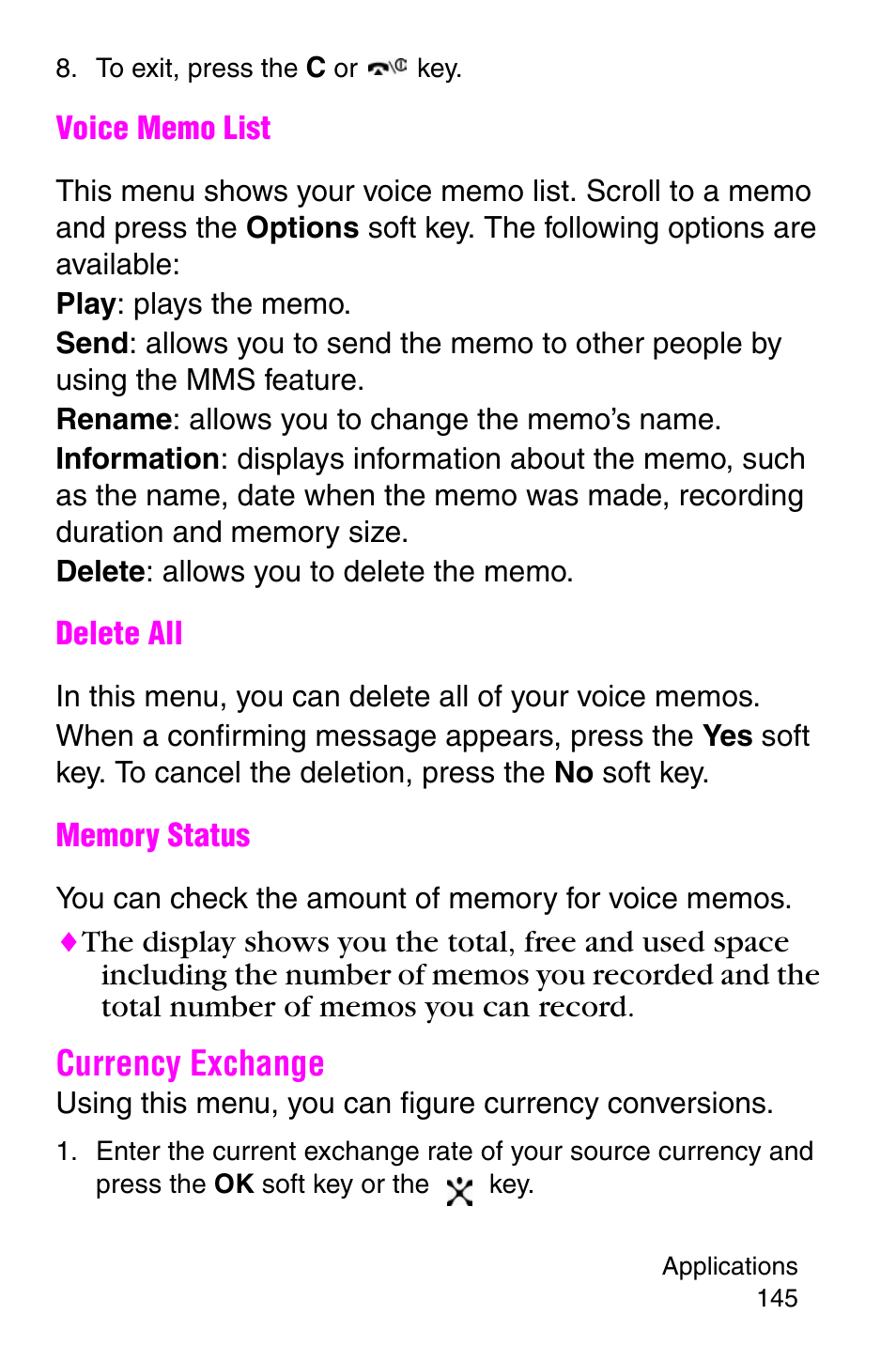 To exit, press the c or key, Currency exchange | Samsung SGH-E317CSACIN User Manual | Page 145 / 224