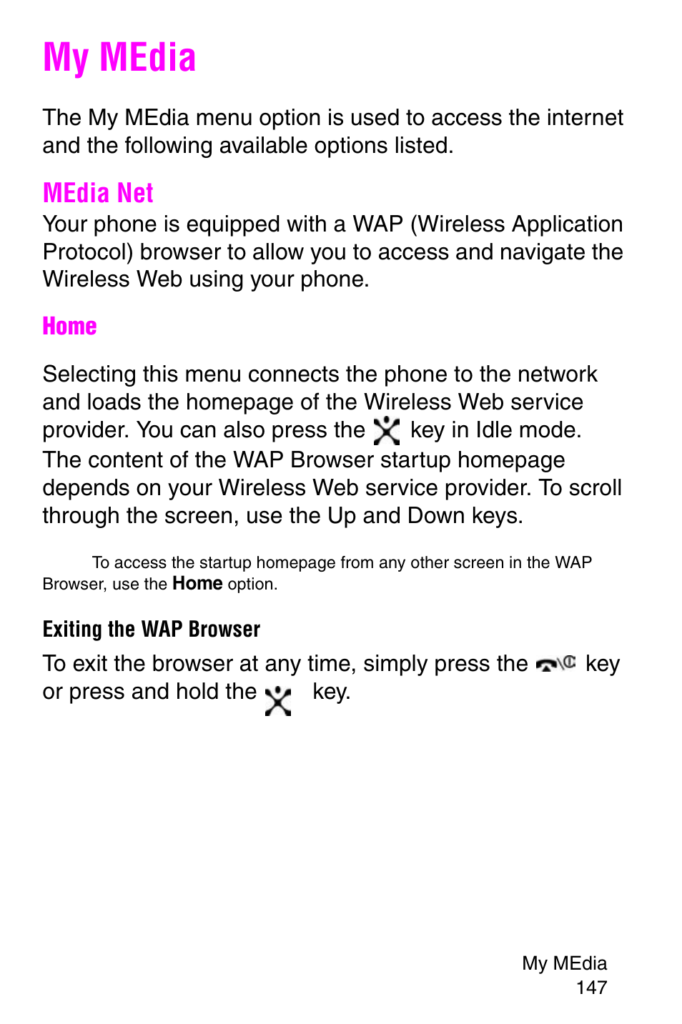 My media, Media net, Exiting the wap browser | Samsung SGH-E317CSACIN User Manual | Page 147 / 224