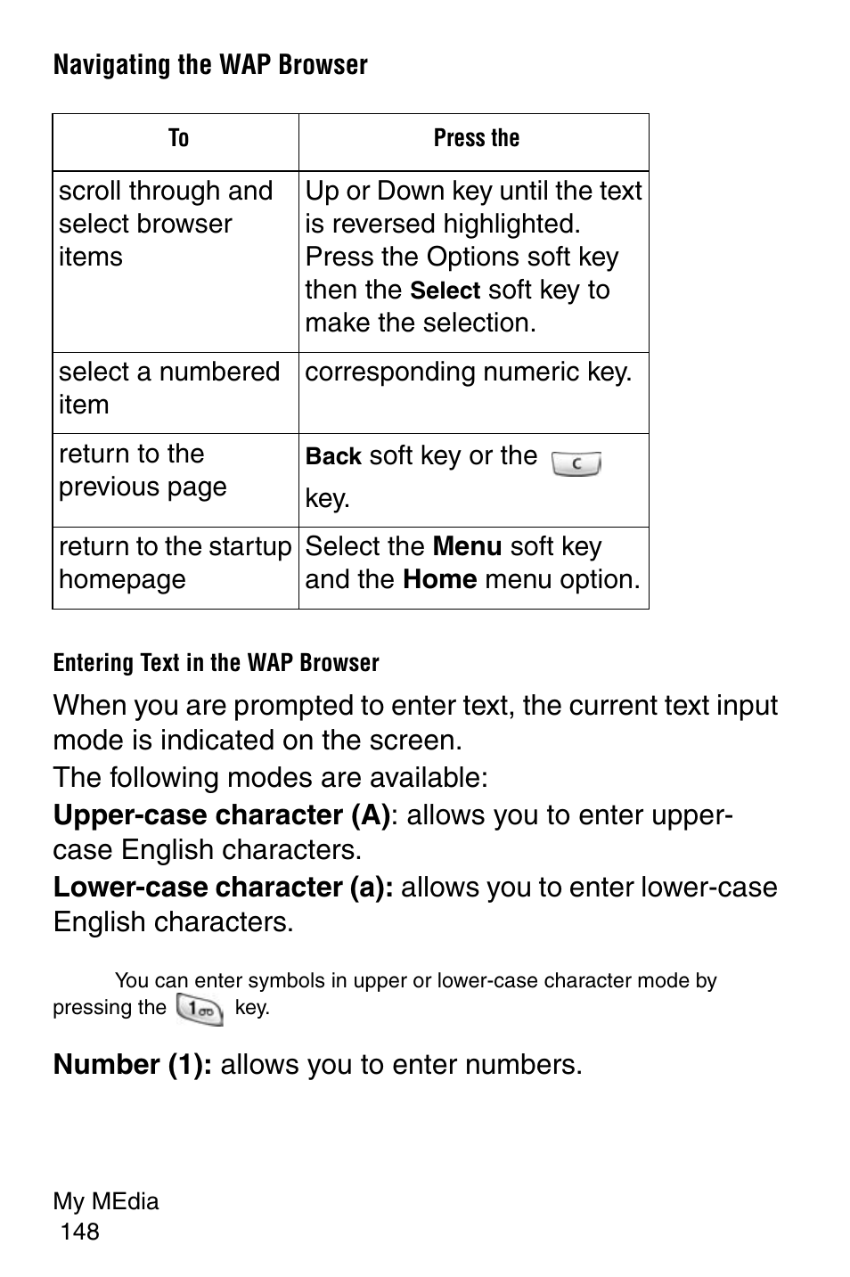 Navigating the wap browser, Entering text in the wap browser | Samsung SGH-E317CSACIN User Manual | Page 148 / 224