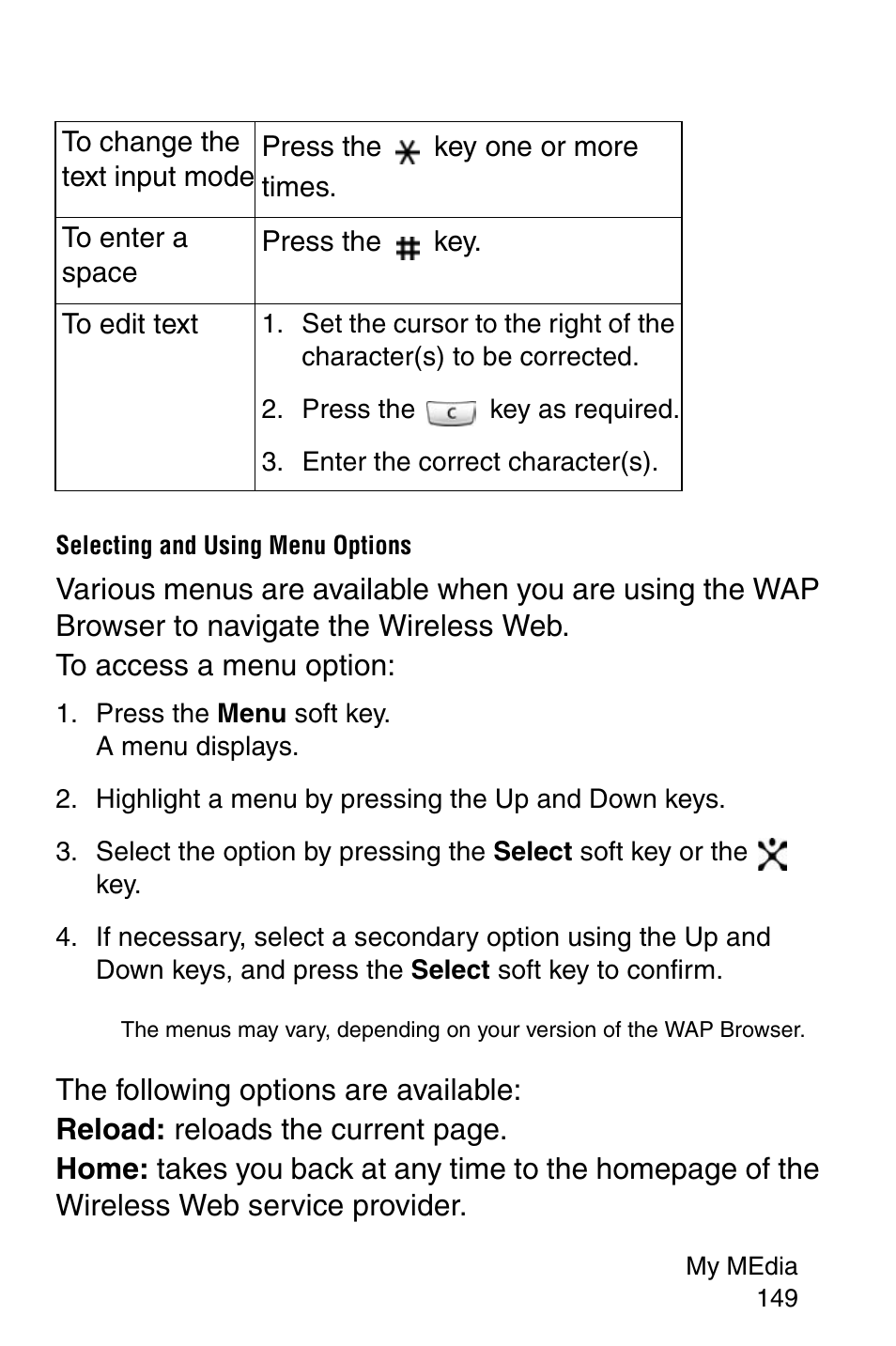 Press the key as required, Enter the correct character(s), Selecting and using menu options | Press the menu soft key. a menu displays, Highlight a menu by pressing the up and down keys | Samsung SGH-E317CSACIN User Manual | Page 149 / 224