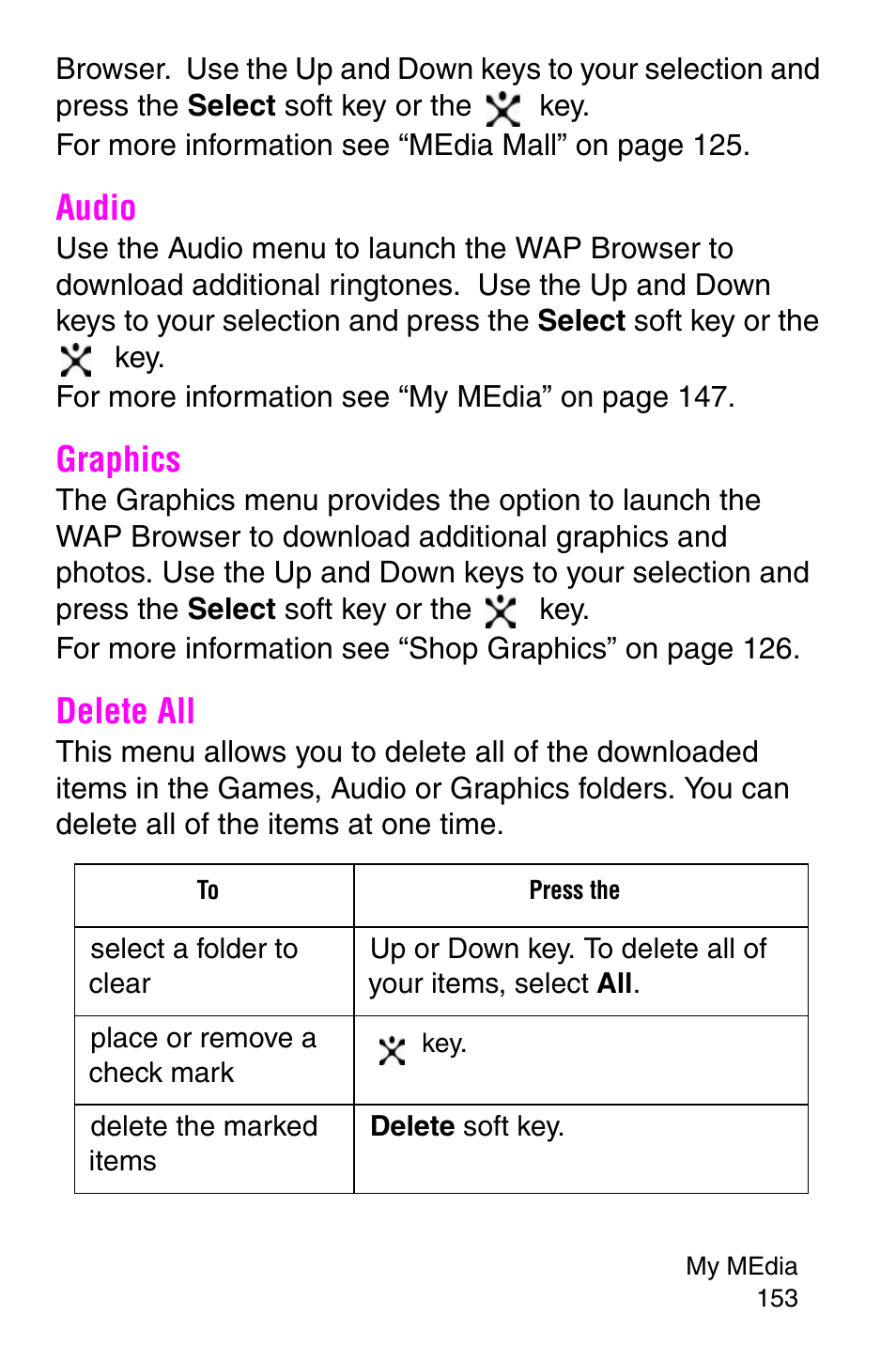 Audio, Graphics, Delete all | Audio graphics delete all | Samsung SGH-E317CSACIN User Manual | Page 153 / 224