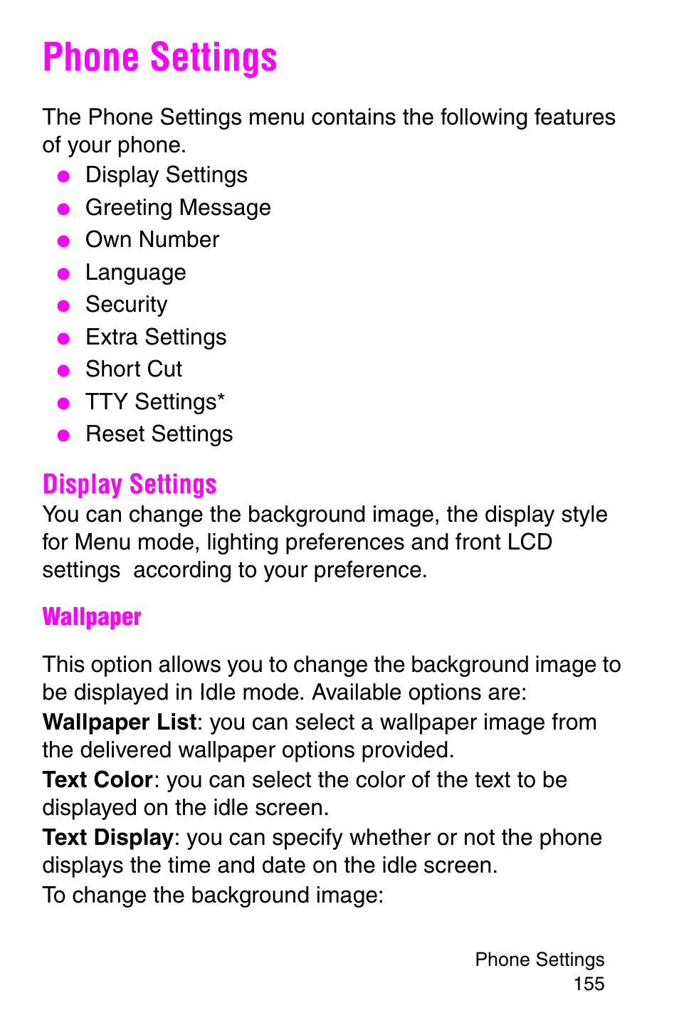 Phone settings, Display settings | Samsung SGH-E317CSACIN User Manual | Page 155 / 224