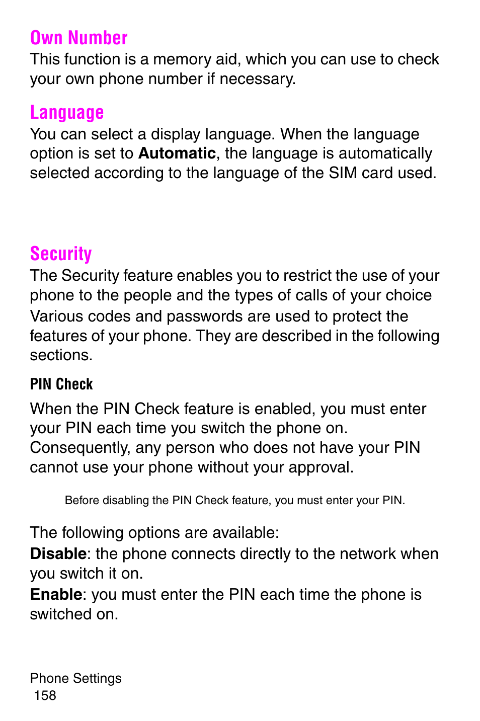 Own number, Language, Security | Pin check, Own number language security | Samsung SGH-E317CSACIN User Manual | Page 158 / 224