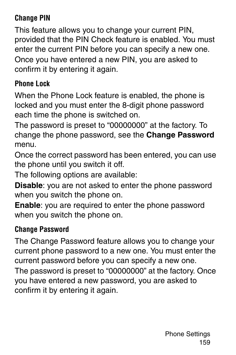 Change pin, Phone lock, Change password | Samsung SGH-E317CSACIN User Manual | Page 159 / 224