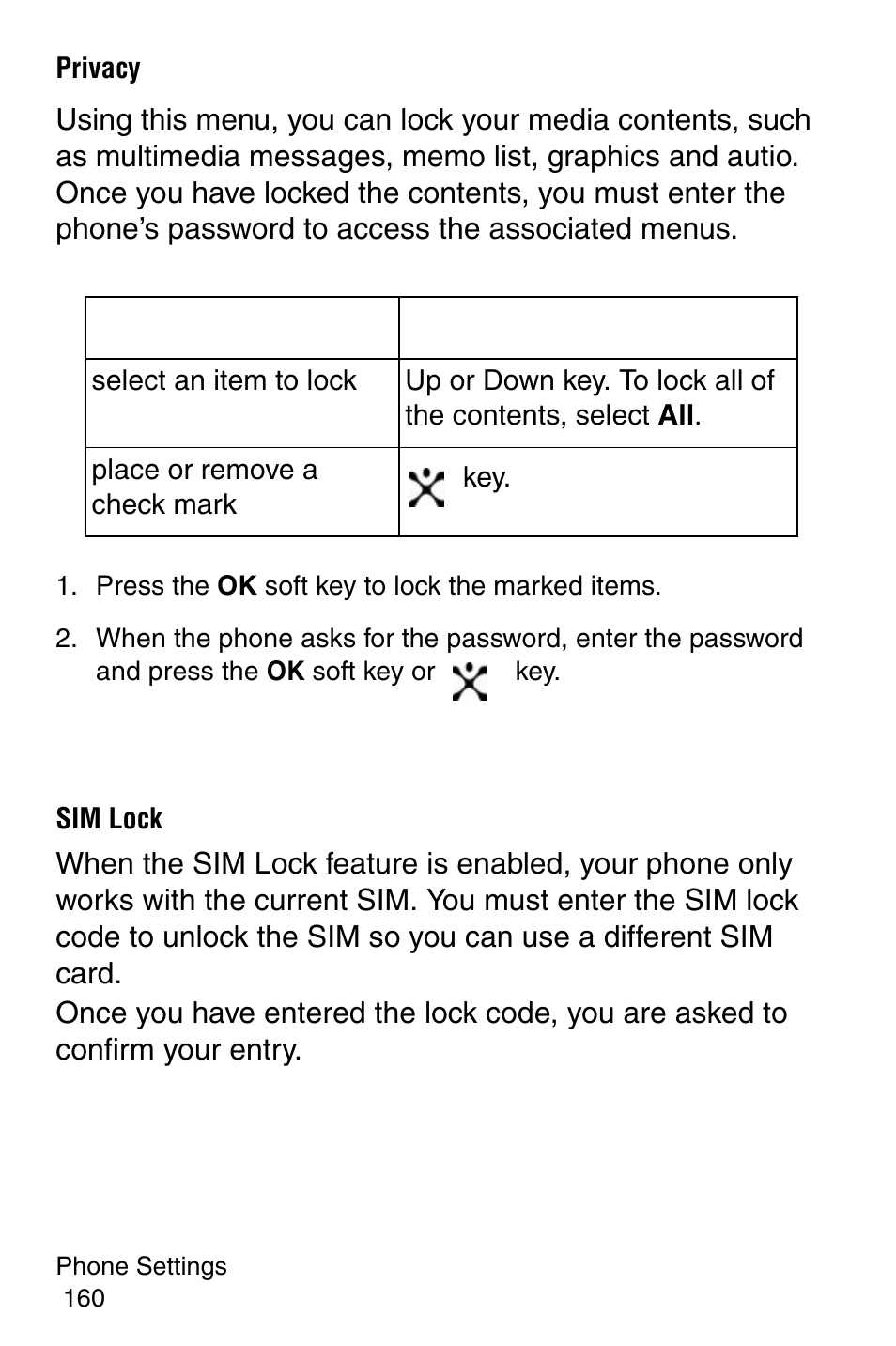 Privacy, Press the ok soft key to lock the marked items, Sim lock | Samsung SGH-E317CSACIN User Manual | Page 160 / 224