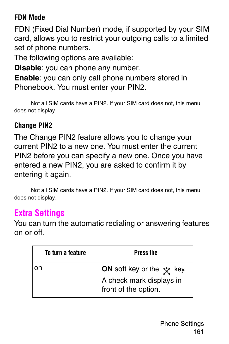 Fdn mode, Change pin2, Extra settings | Samsung SGH-E317CSACIN User Manual | Page 161 / 224