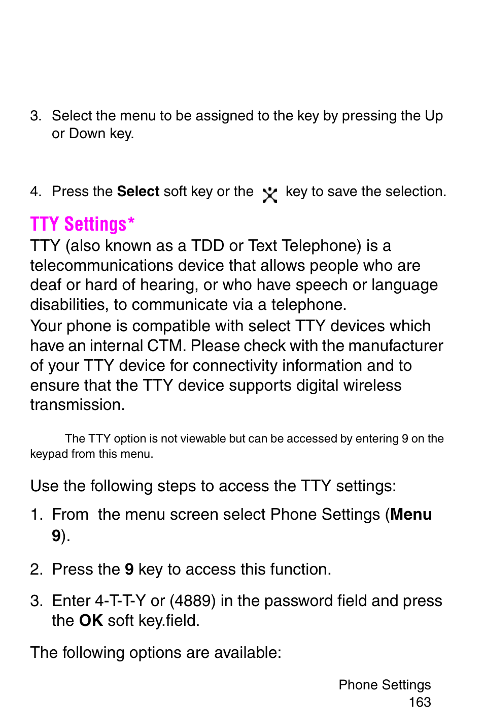 Tty settings, Press the 9 key to access this function | Samsung SGH-E317CSACIN User Manual | Page 163 / 224