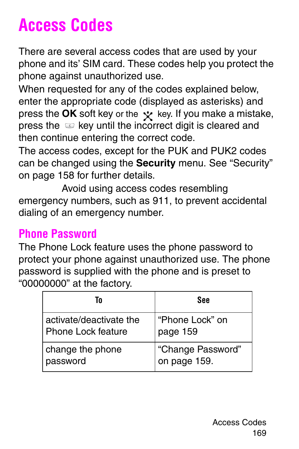 Access codes, Phone password | Samsung SGH-E317CSACIN User Manual | Page 169 / 224