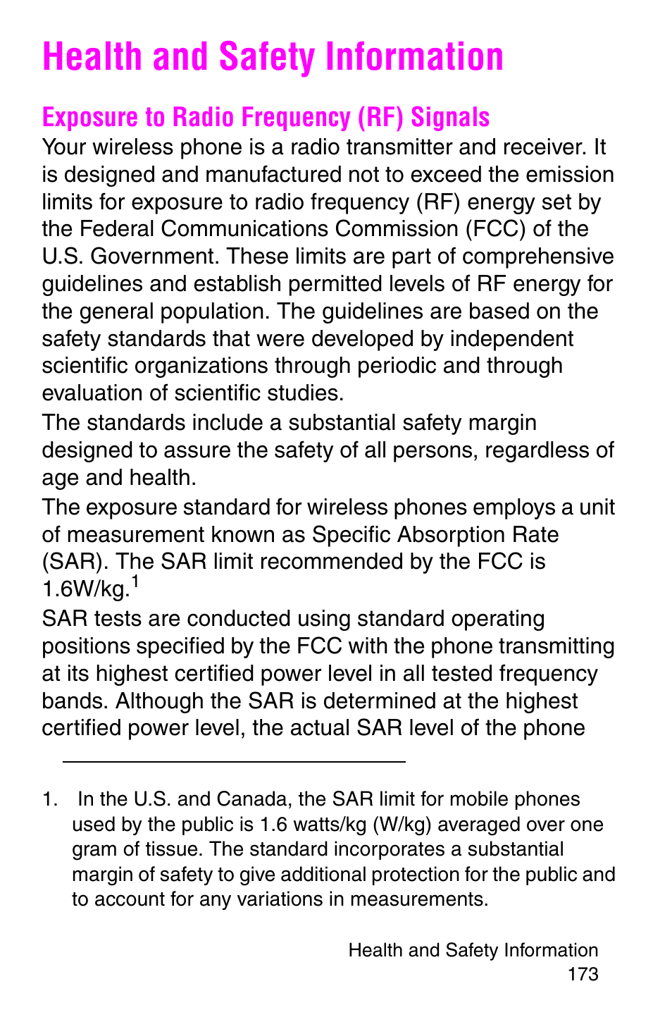 Health and safety information, Exposure to radio frequency (rf) signals | Samsung SGH-E317CSACIN User Manual | Page 173 / 224