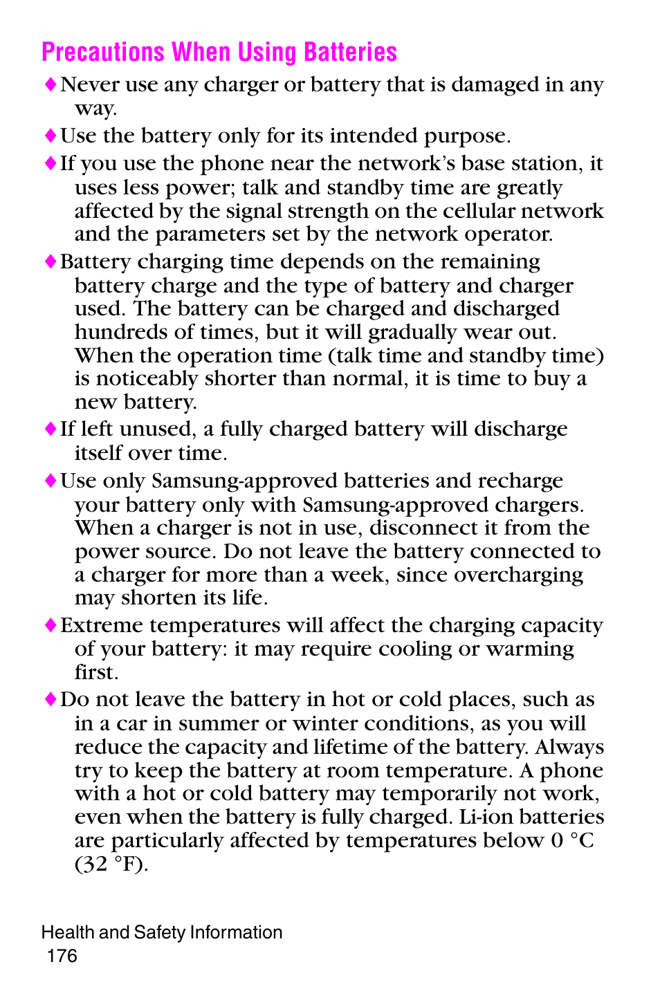 Precautions when using batteries | Samsung SGH-E317CSACIN User Manual | Page 176 / 224