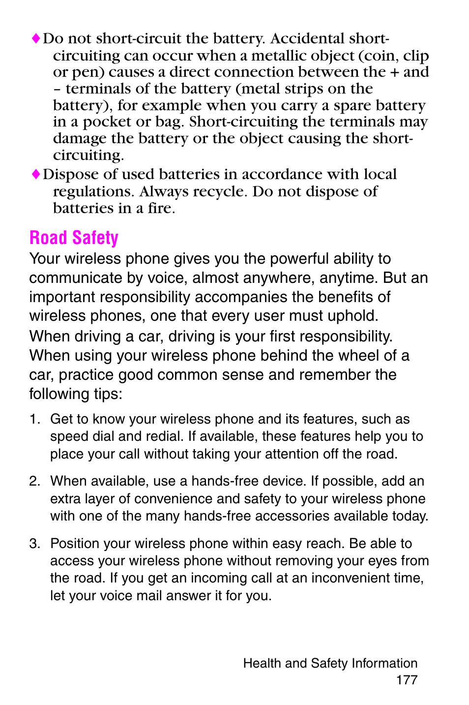 Road safety | Samsung SGH-E317CSACIN User Manual | Page 177 / 224