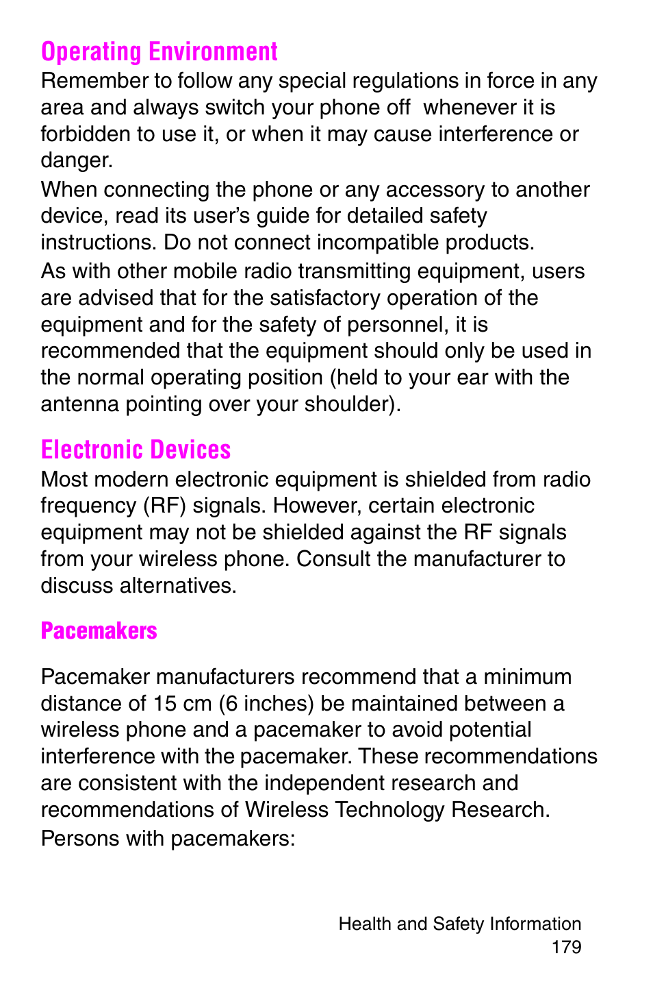 Operating environment, Electronic devices | Samsung SGH-E317CSACIN User Manual | Page 179 / 224