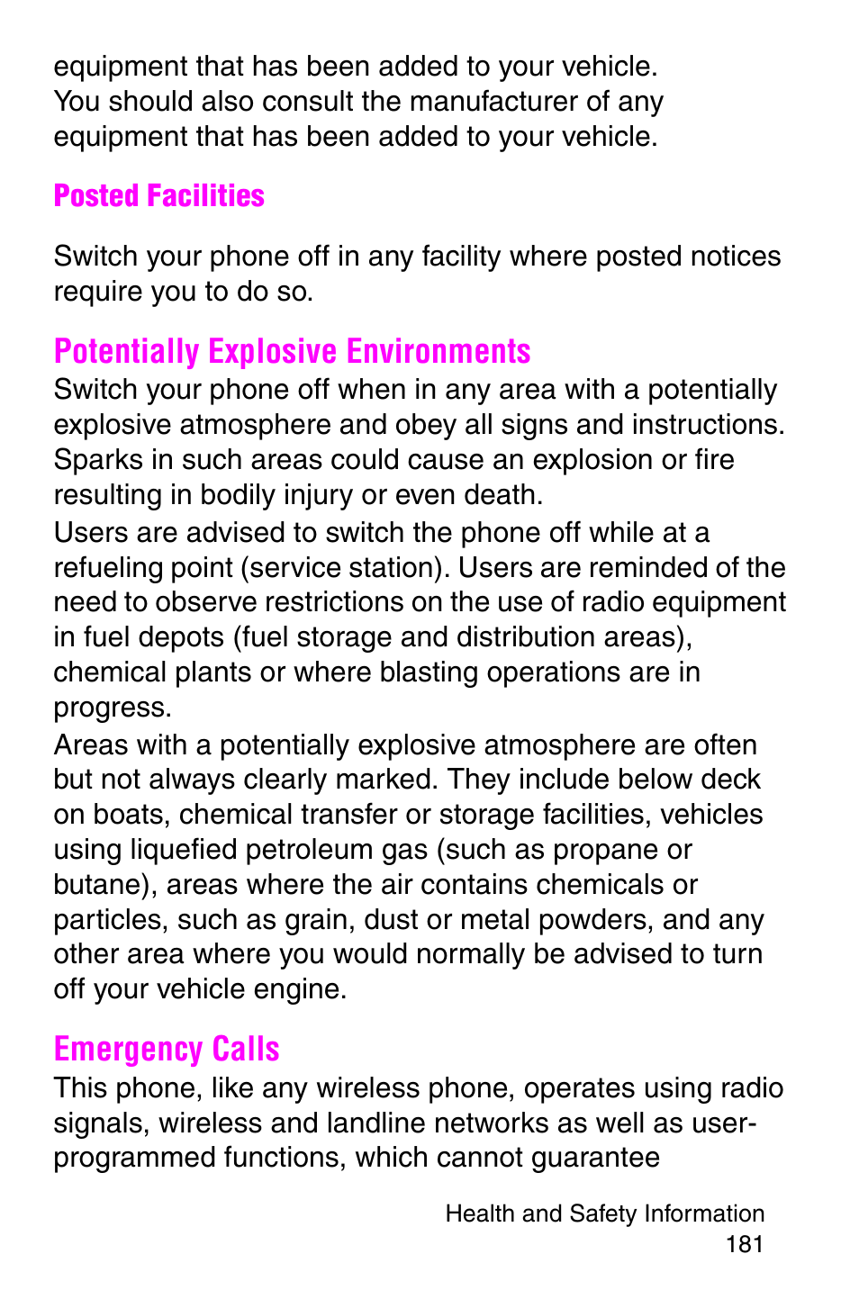 Potentially explosive environments, Emergency calls, Potentially explosive environments emergency calls | Samsung SGH-E317CSACIN User Manual | Page 181 / 224