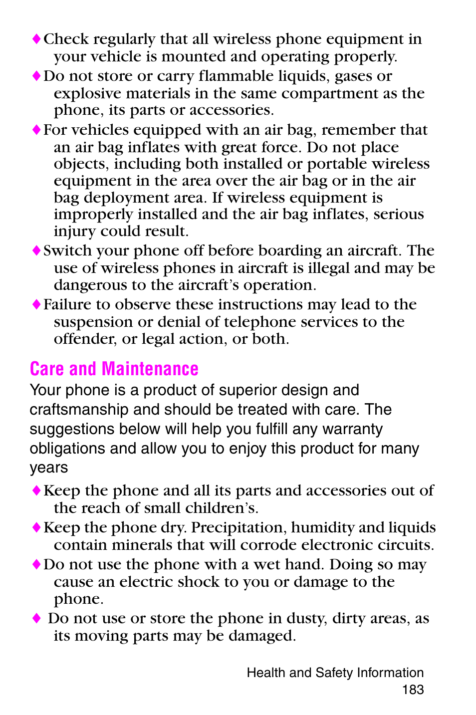 Care and maintenance | Samsung SGH-E317CSACIN User Manual | Page 183 / 224