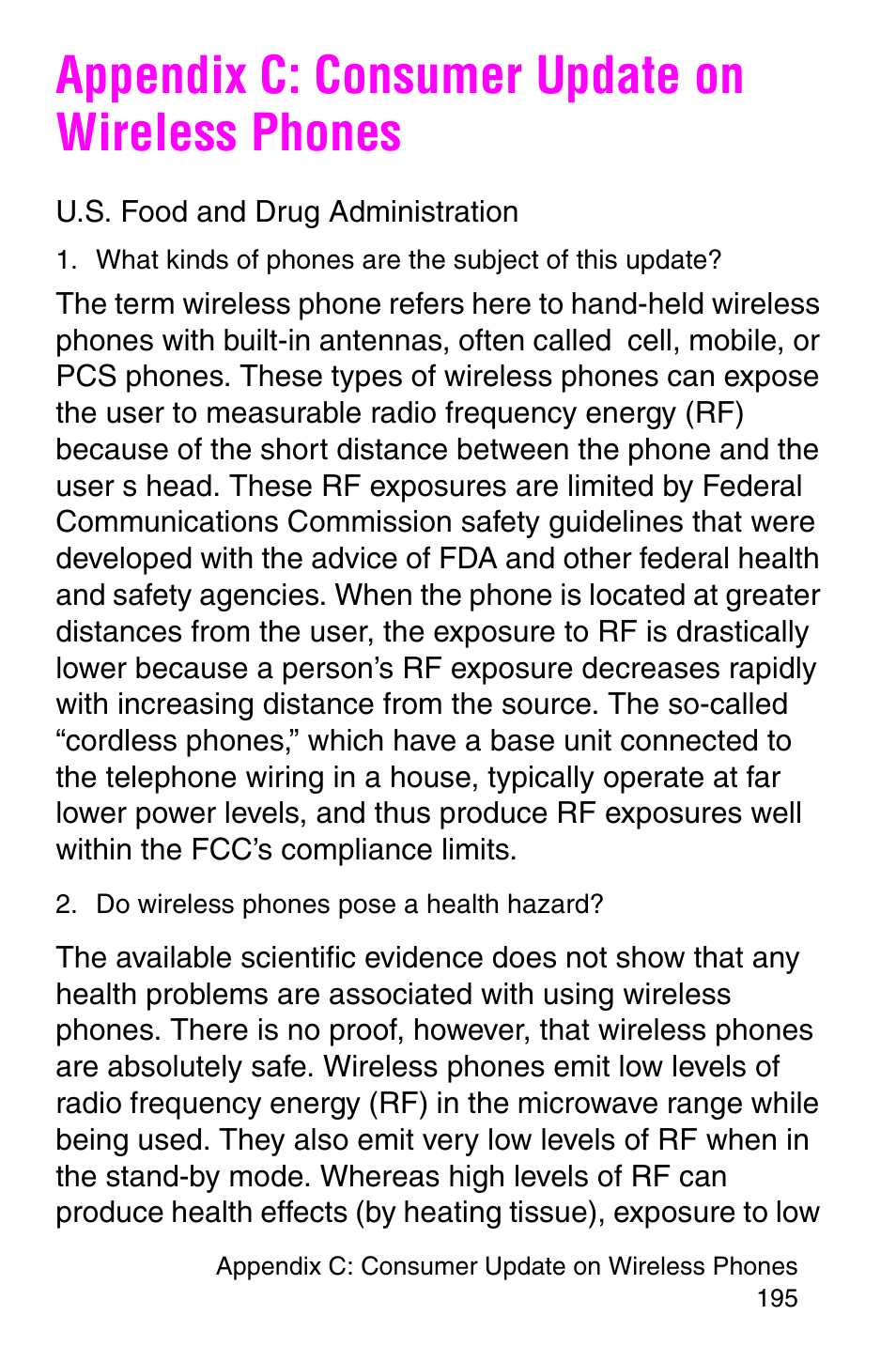 Appendix c: consumer update on wireless phones, Do wireless phones pose a health hazard | Samsung SGH-E317CSACIN User Manual | Page 195 / 224