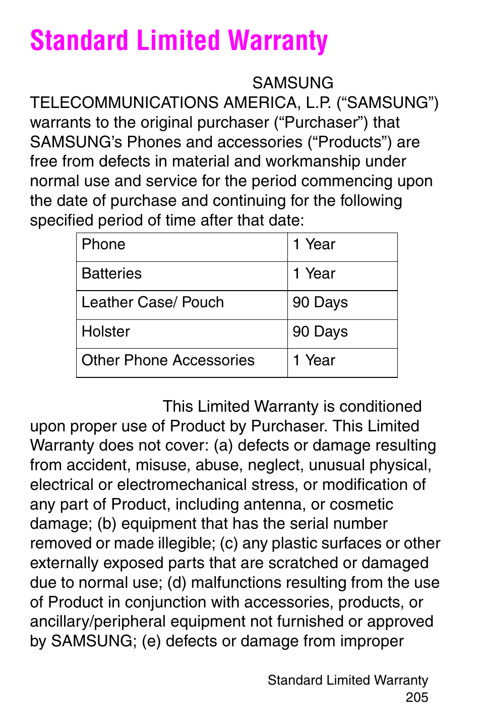 Standard limited warranty | Samsung SGH-E317CSACIN User Manual | Page 205 / 224