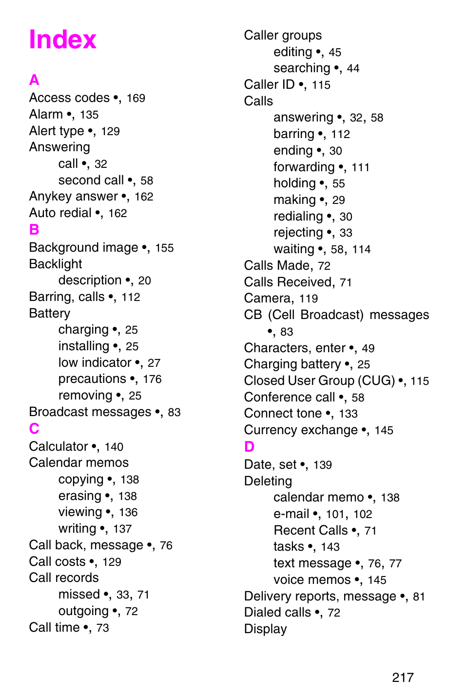 Index | Samsung SGH-E317CSACIN User Manual | Page 217 / 224