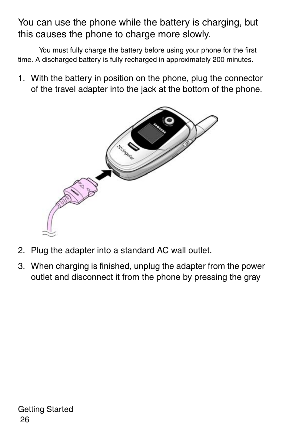 Plug the adapter into a standard ac wall outlet | Samsung SGH-E317CSACIN User Manual | Page 26 / 224