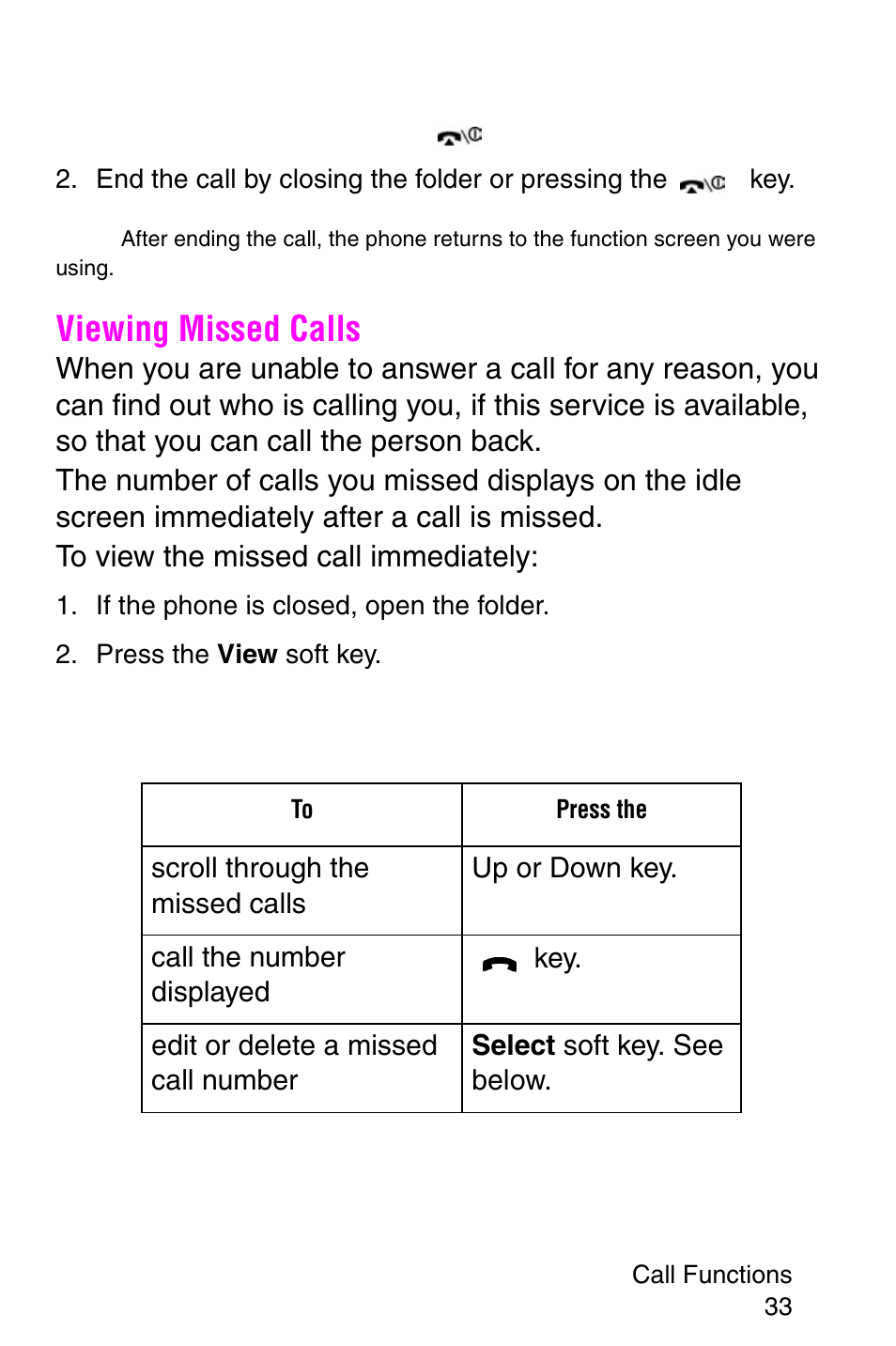 Viewing missed calls, If the phone is closed, open the folder, Press the view soft key | Samsung SGH-E317CSACIN User Manual | Page 33 / 224