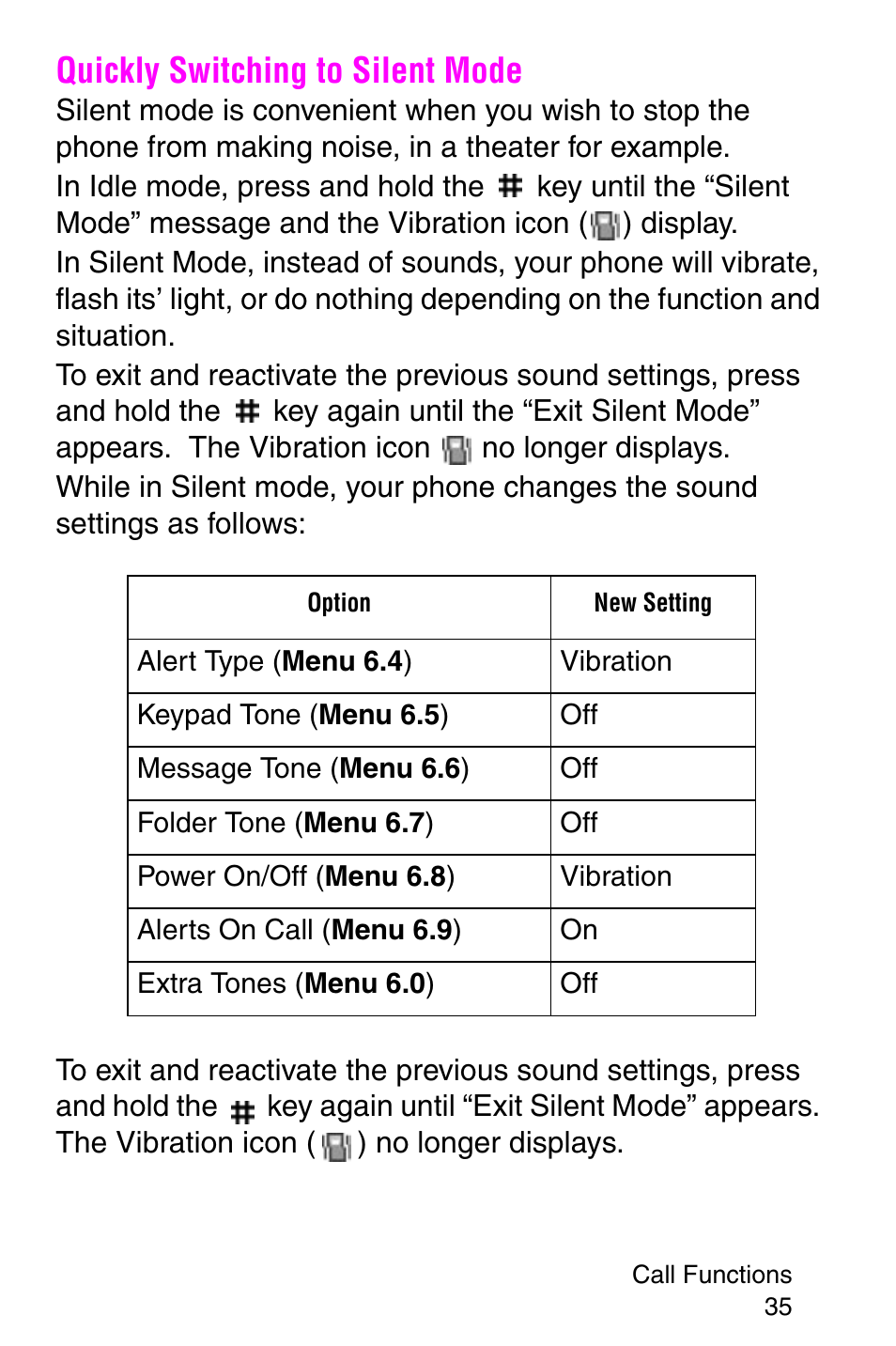 Quickly switching to silent mode | Samsung SGH-E317CSACIN User Manual | Page 35 / 224